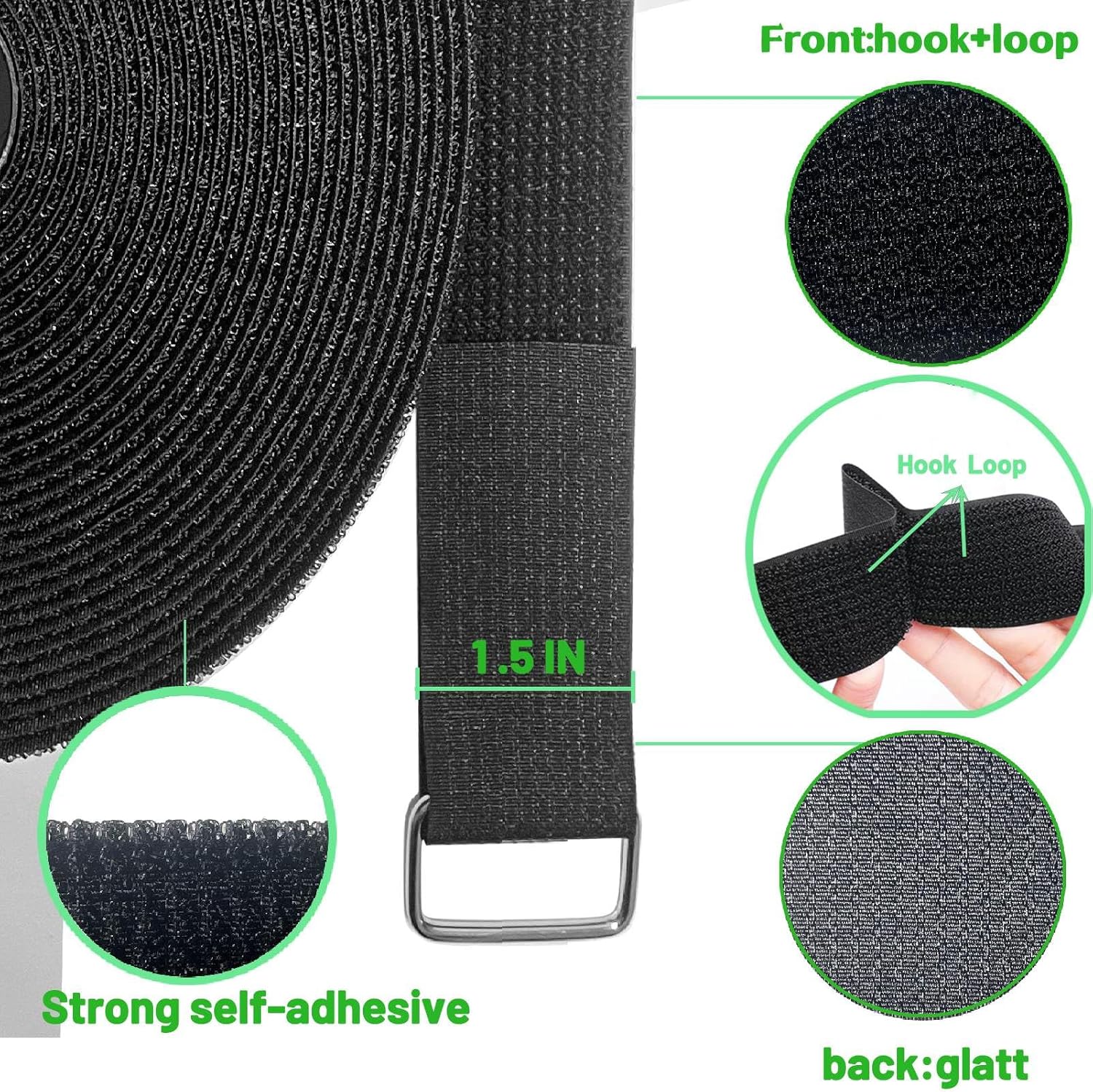 0.8in-32ft Hook and Loop Cable Straps with 50 Metal Buckles, Adjustable Fastening Straps, Reusable Free Cut Length Cord Straps