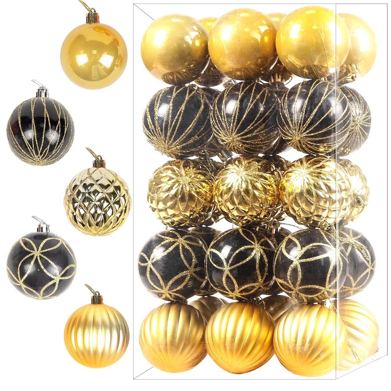 Xmastell Gold Black 30Pcs Christmas Baubles For Christmas Tree Decorations, Shatterproof Xmas Glitter Balls With Hanging Buckle, Christmas Decorations Indoor, Christmas Ornament Set, 60Mm