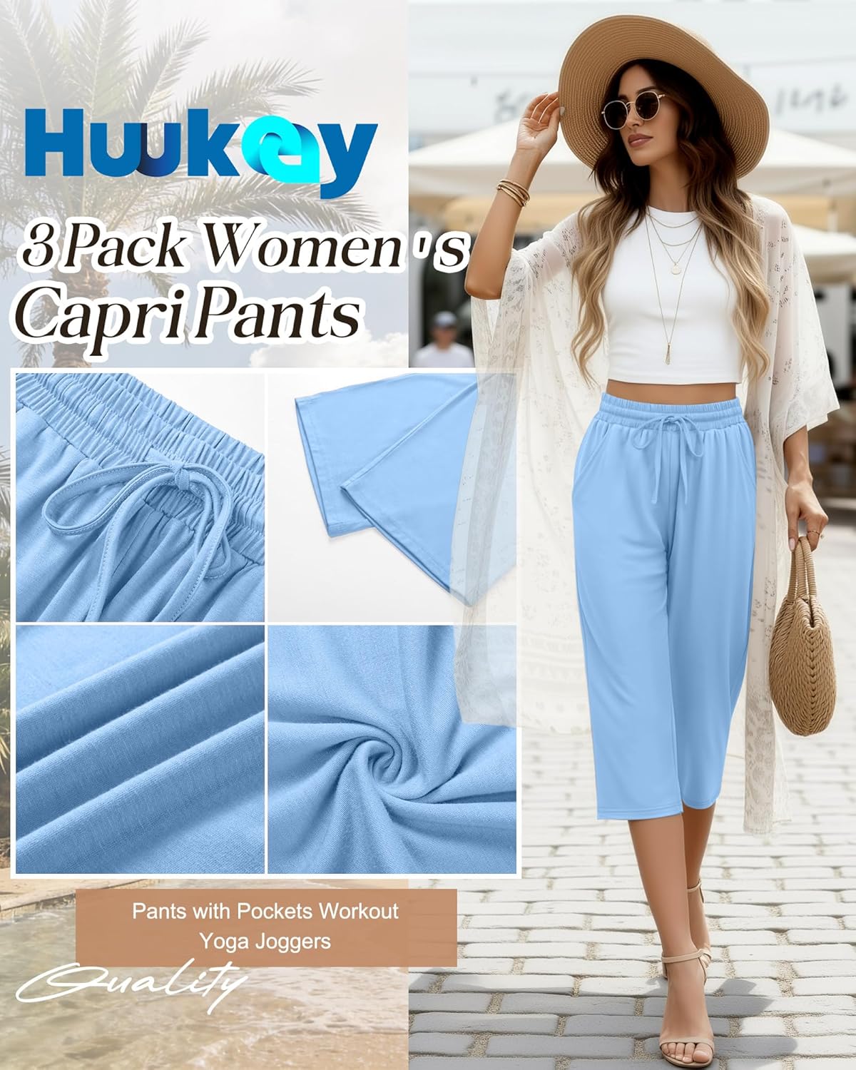 Huukeay 3 Pack Women's Capri Pants, Drawstring Lounge Capris Wide Leg Cropped Pants with Pockets Workout Yoga Joggers - Image 6