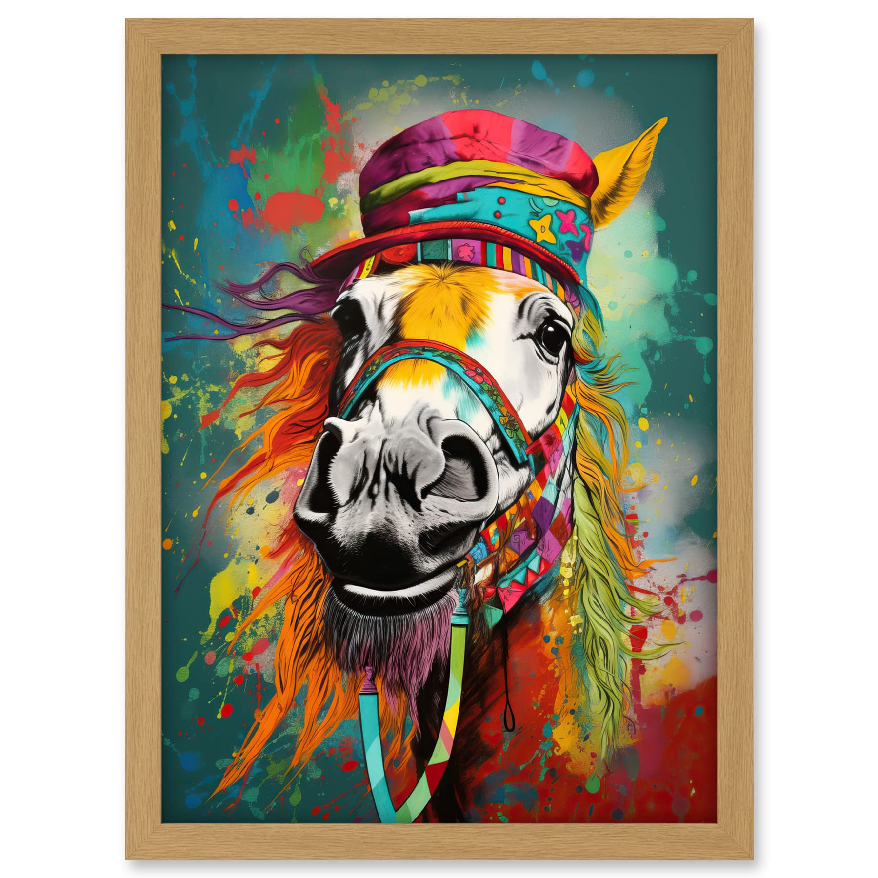 Artery8 Hippie Horse with Multicoloured Hat and Bridles Artwork Framed A3 Wall Art Print