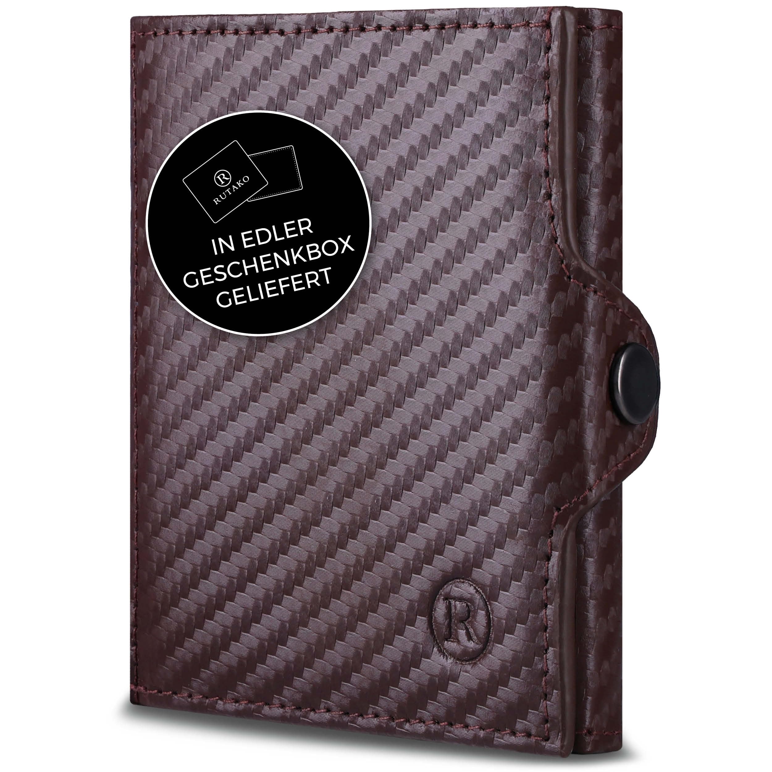 RUTAKO Slim Wallet mit XL Münzfach & RFID-Schutz - Kartenetui Herren & Damen - Kreditkartenetui klein - Mini Geldbörse - Portmonee Portemonnaie klein - Geldbeutel Carbon-Braun