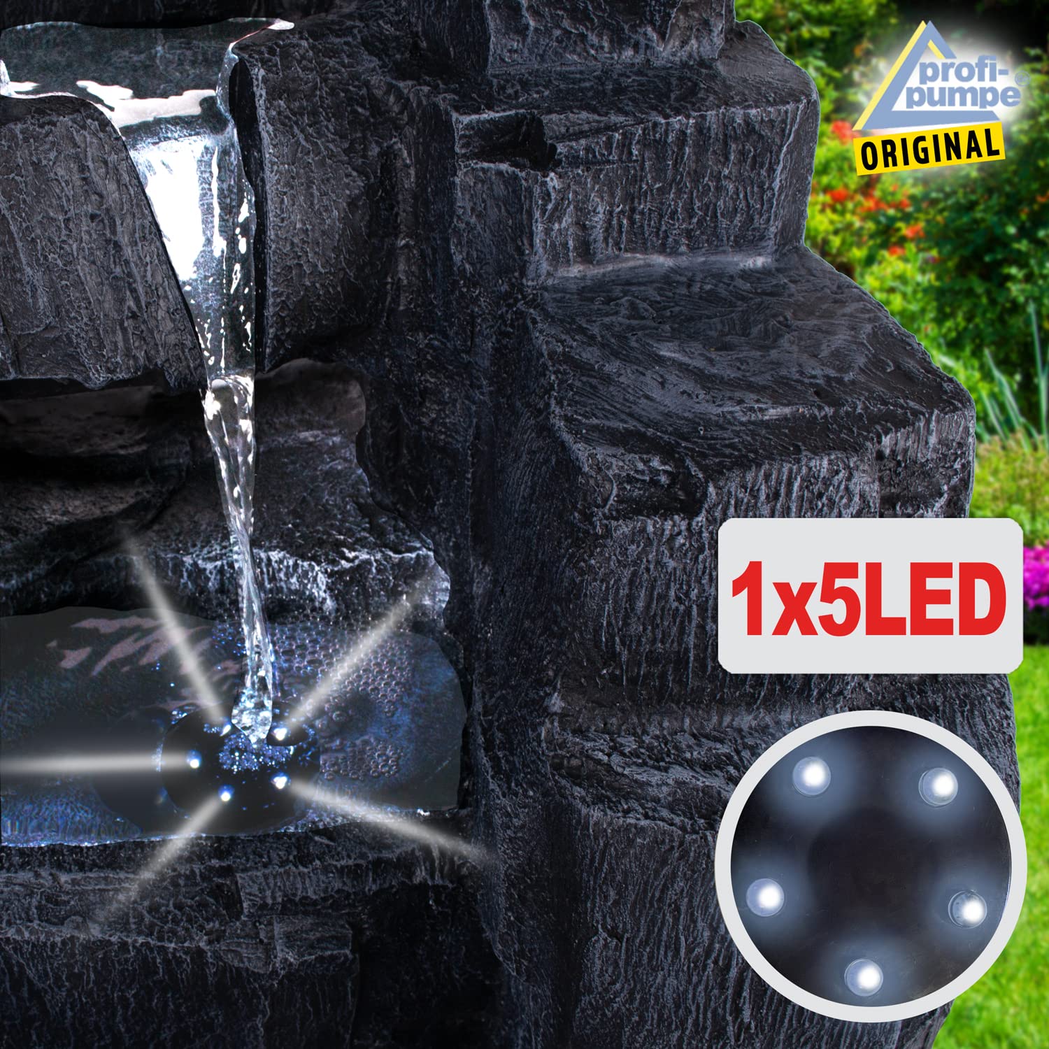 Fuente Solar de jardín, Fuente Decorativa, Fuente de Interior, Fuente de Cascada con luz LED y batería de Iones de Litio, Juego de Cascada para jardín, Estanque de jardín, terraza