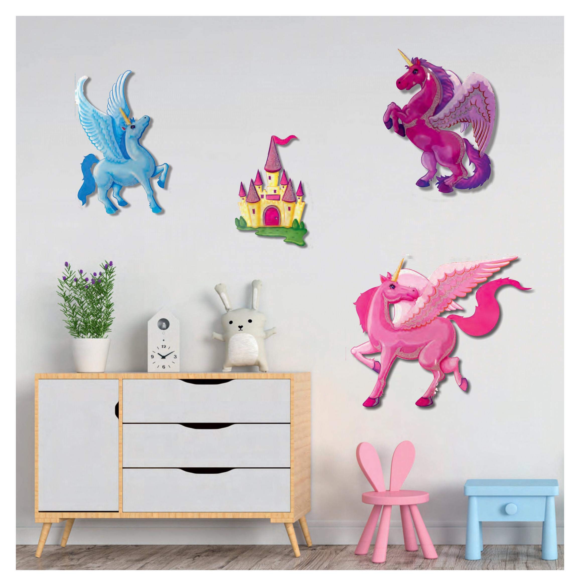 Unicorn Wall Decal Stickers - Spectacular 3D Wall Decor - Set of 4 Easy to Stick Removable Wall Decals for Kids Teens Bedrooms Boys Girls Rooms Peel and Stick