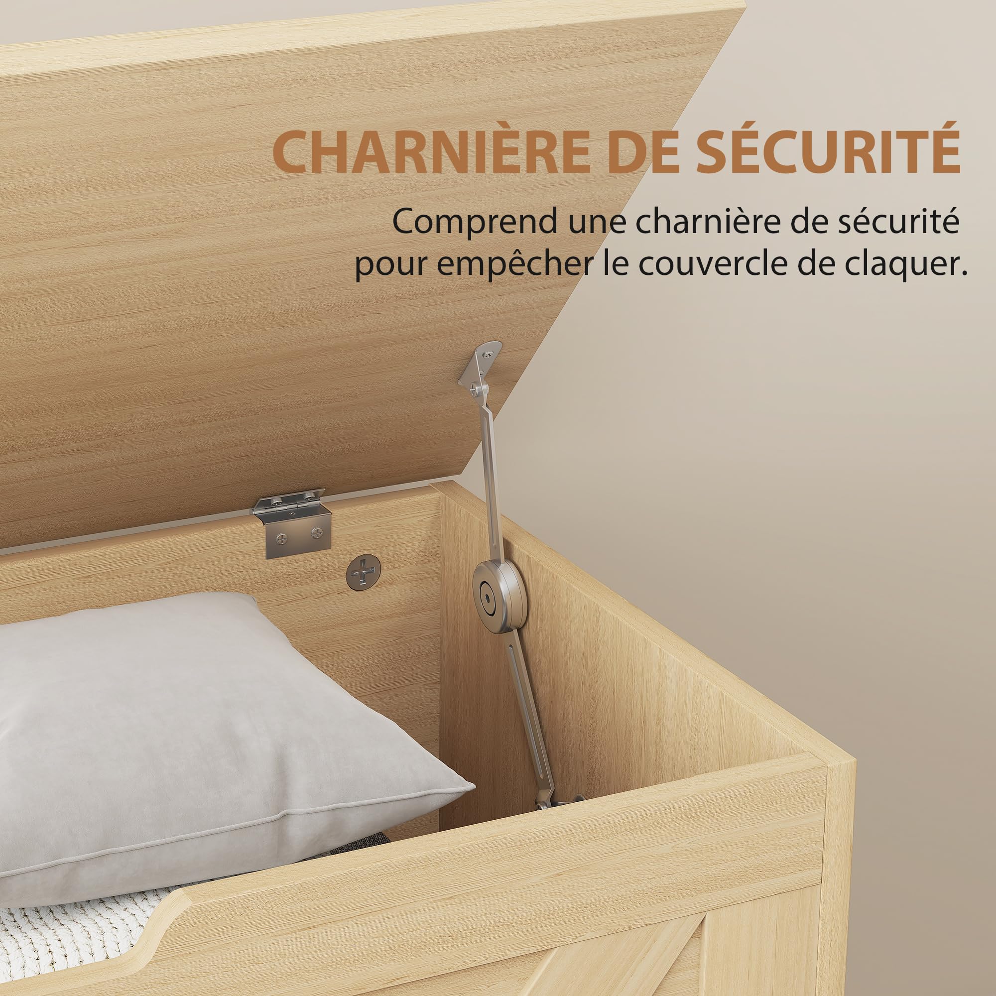 HOMCOM 100L Baúl con bisagra de Seguridad 80x40x45 cm Madera Natural | Baúl zapatero, tirador en U, caja para mantas, recibidor dormitorio sala de estar entrada