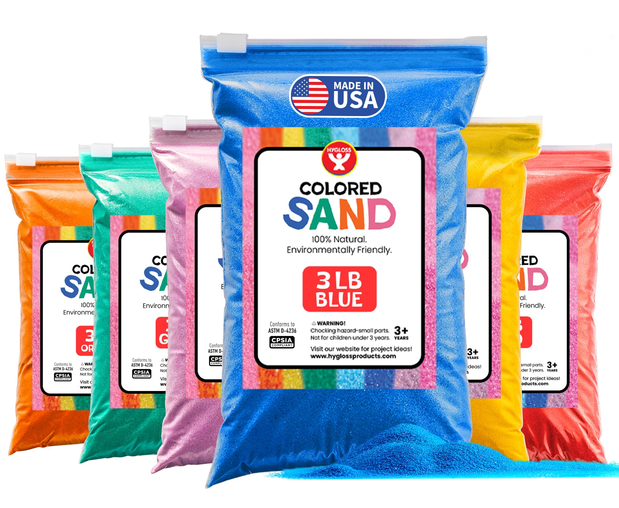 Hygloss Colored Sand for Craft – 6 Assorted Colors Bags – 3 lb– Vibrant Colorful Fine Sensory Play Sand Art Kits for Kids – Classroom Activities for Children 3 4 5 6 7 8 9 10 11 12 – Safe for Ages 3+