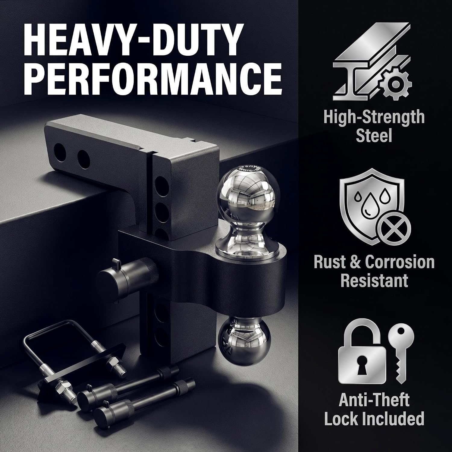 6 Inch Trailer Hitch Fit 2 Inch Adjustable Truck Towing Hitches with Hitch Tightener, Drop Down/Rise Up Hitch 2-5/16"(12,500 LBS GTW)，Dual Solid Ball 2" and 2 Locking Hitch Pin