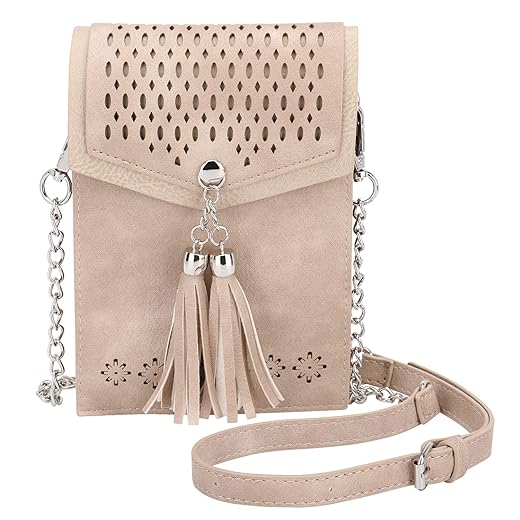 seOSTO Womens Small Crossbody Bag, Tassel Cell Phone Purse Holder Wallet (Beige(Metal Chain))