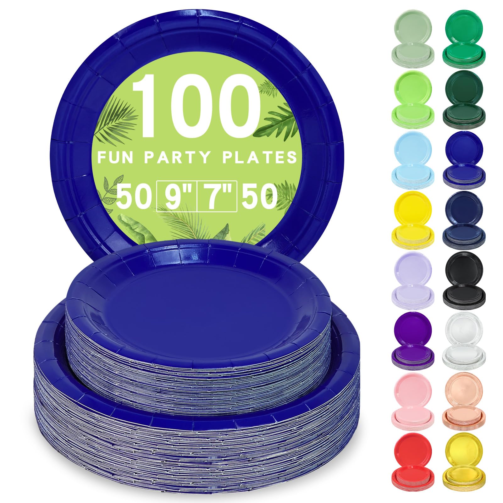 LANLISA 100 Royal Blue Paper Plates Set Includes 50-9" & 50-7" Disposable Dessert Cake Paper Plates For Party Supplies