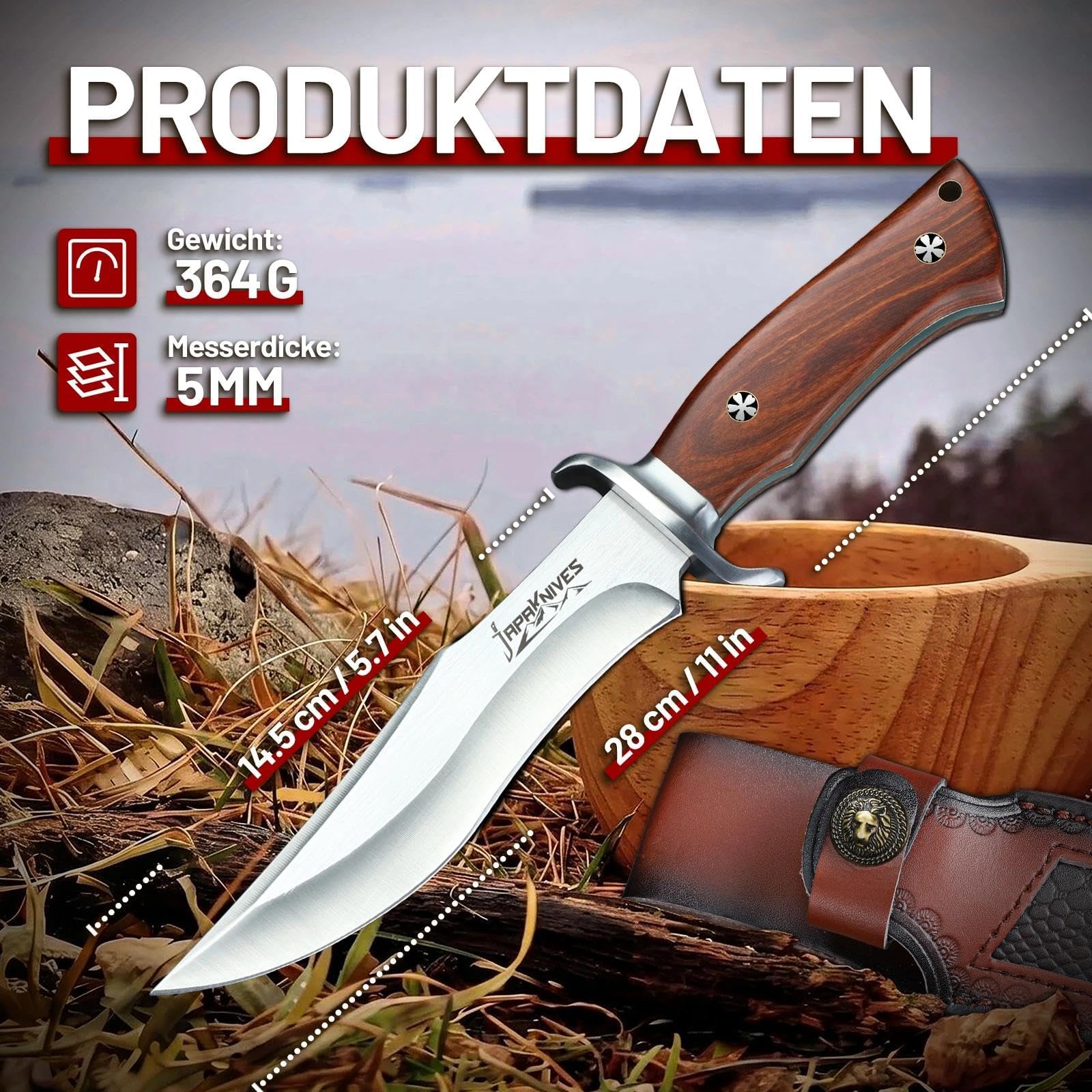 Japanknives M390 Stahl Outdoor Messer Feststehende Klinge – 5mm Full-Tang Campingmesser mit Lederscheide – Grosses Survivalmesser Profi Bushcraft Trekking Messer Geschenk