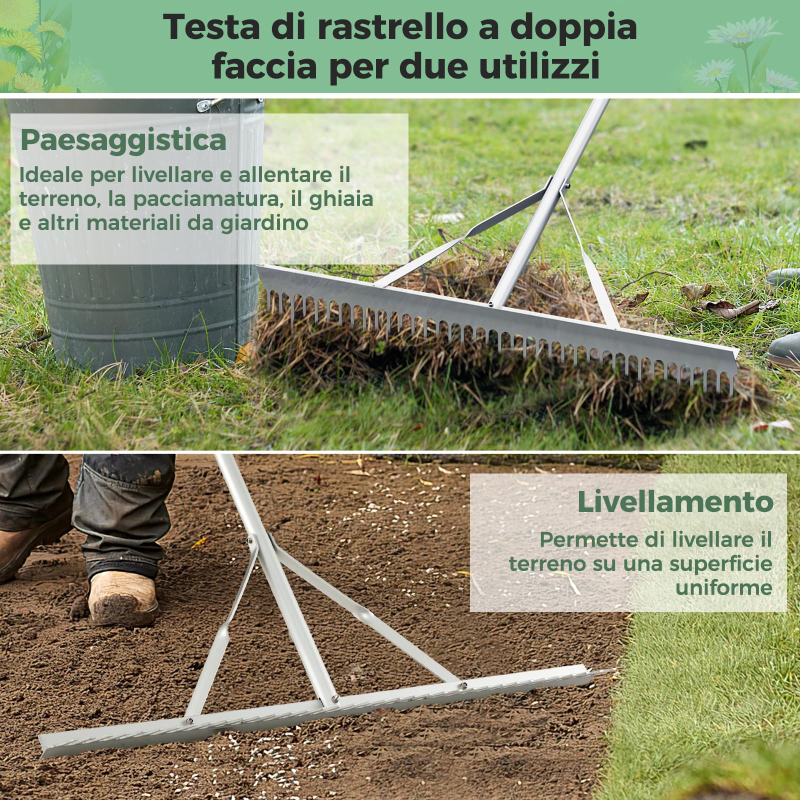 COSTWAY Rastrello da Giardino, Rastrello in Alluminio con Testa Larga 91 cm, 36 Denti, Manico Lungo 174 cm, per Allentare il Terreno, Cura del Prato, Cura del Lago Stagno Spiaggi