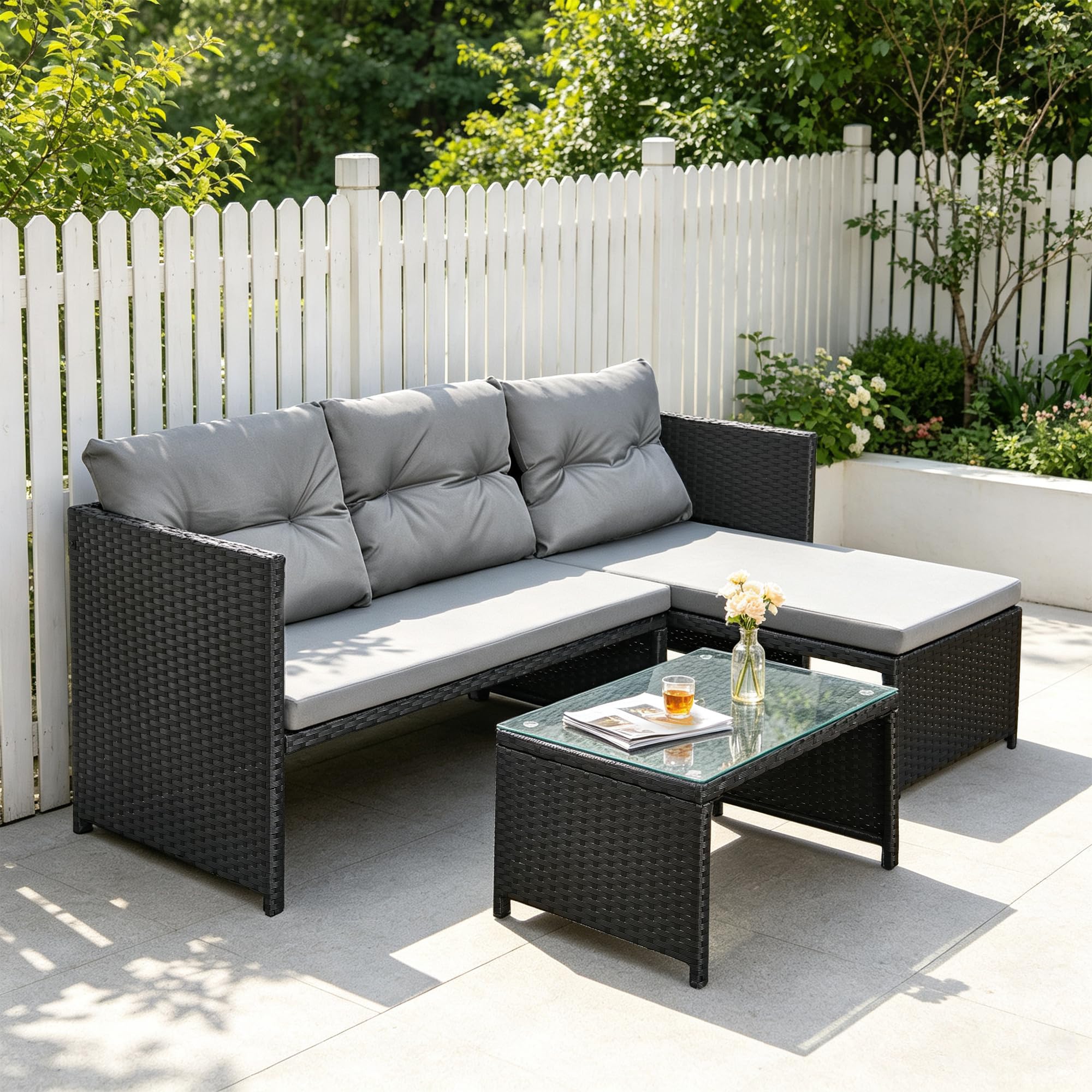 Yaangagpe 4-Seater L-Shaped Rattan Garden Corner Sofa Set & Table, Black