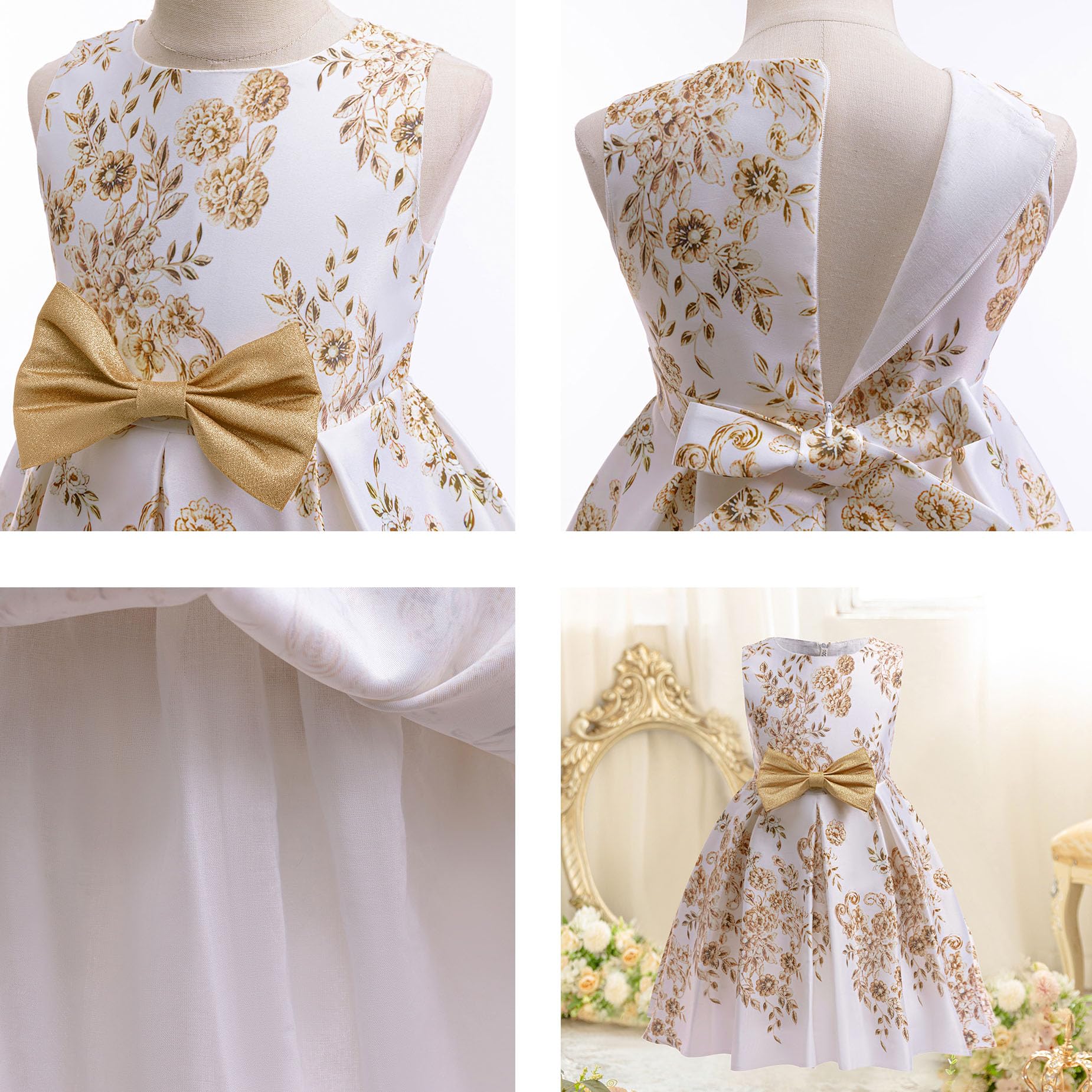Vestido de niña con estampado floral, sin mangas, con lazo, de princesa, hasta la rodilla