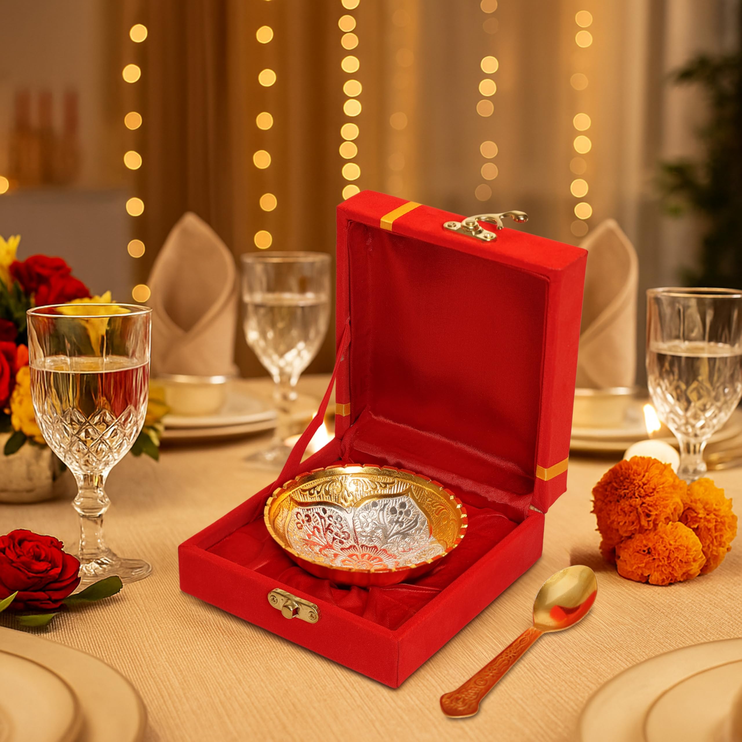 R Ayurveda Copper Premium Metal Bowl & Spoon | Silver/Gold Plated Handcrafted Gift in Velvet Box | Ideal for Festive, Return, Wedding, Diwali & Housewarming Gifting