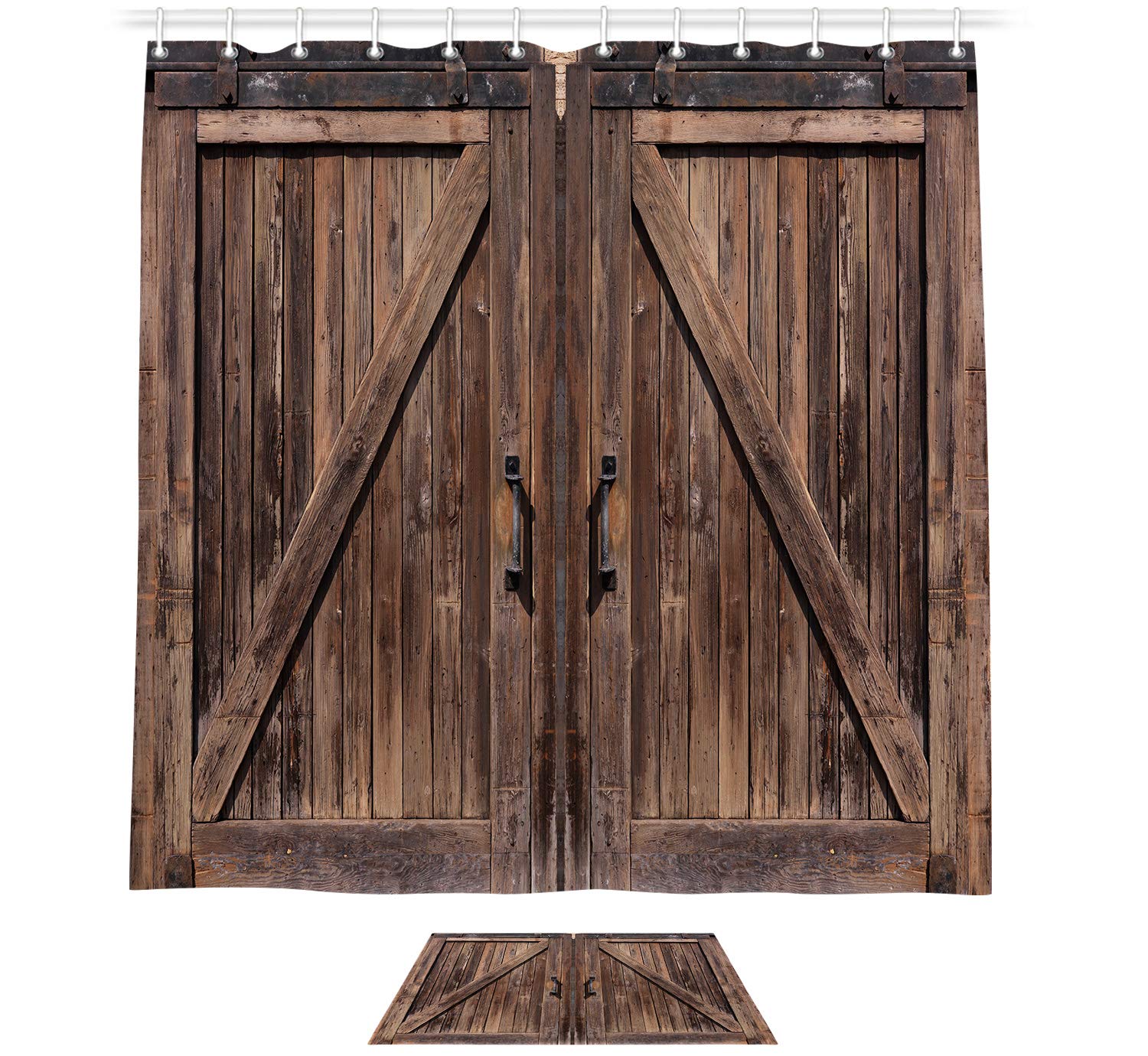 NYMB 古い納屋のドアシャワーカーテンセット お揃いのラグ付き 木製納屋のドア ガレージドア アメリカンスタイルのデコレーション  素朴なファームハウス並行輸入 : NYMB 古い納屋のドアシャワーカーテンセット お揃いのラグ付き 木製納屋のドア ガレージドア アメリカン ..., image size:1500x1380