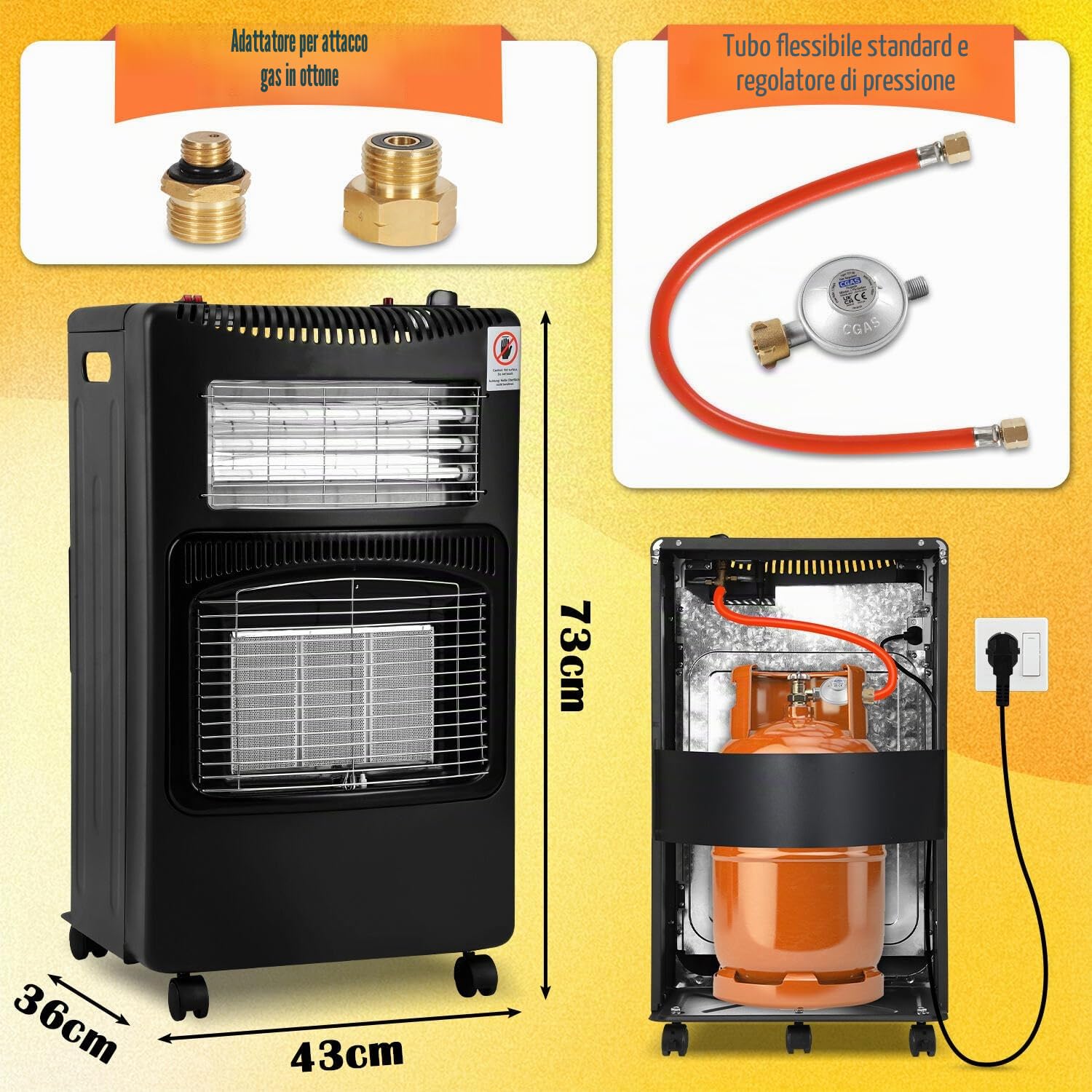 Riscaldatore a gas 4200 W, riscaldamento elettrico 1260 W, bruciatore in ceramica a infrarossi, con regolatore di pressione del gas e tubo del gas, forno a gas, bombole di gas butano o propano