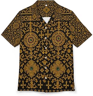 Men’s Luxury Baroque Byzantine Print Shirt – Short Sleeve Button-Down, Gold Ornate Medieval Pattern, Vintage Royal Style