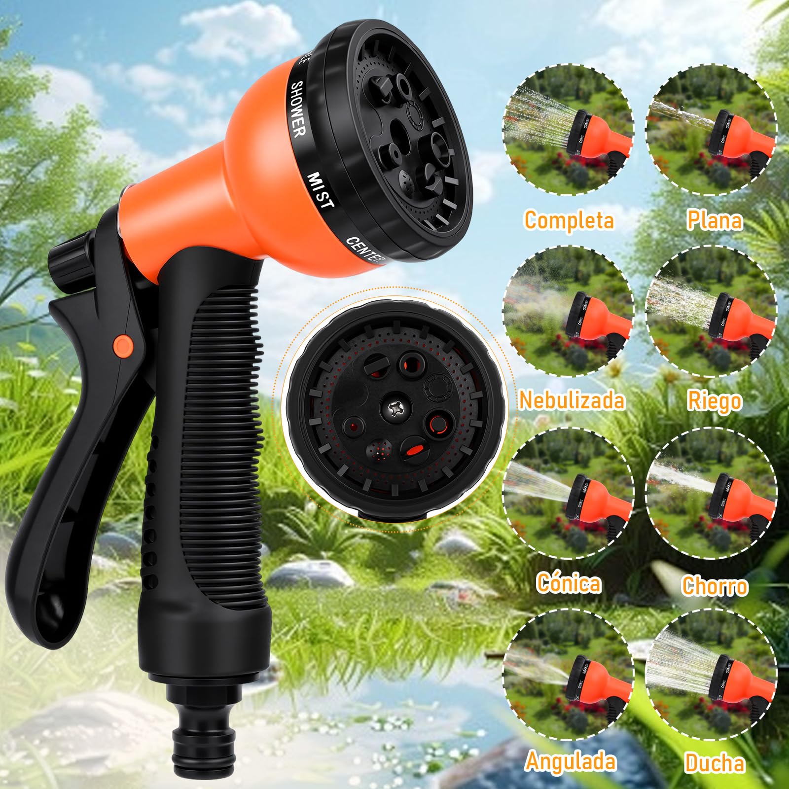 Manguera Extensible 30M/100FT, Manguera de Jardín Extensible Pistola de Riego con 8 Funciones Pistola Hose Con 3/4" y 1/2" Accesorios de aleación de zinc. el Riego de Plantas Hortícolas (Naranja) — view 4