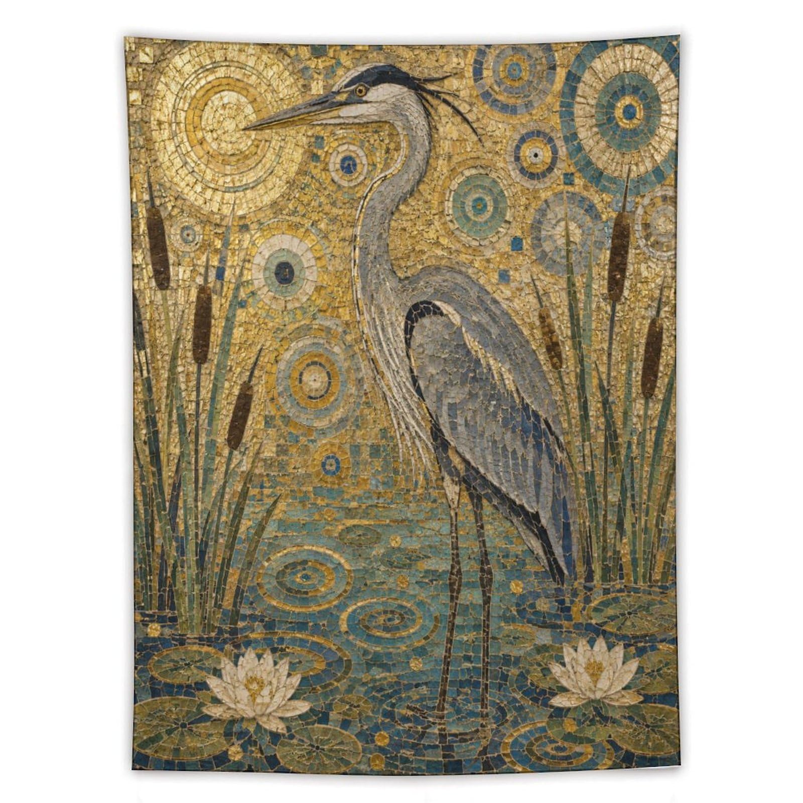 W7C8U2X3 Heron and Lotus Wall Tapestry, Mosaic, Blue Gold Mosaic