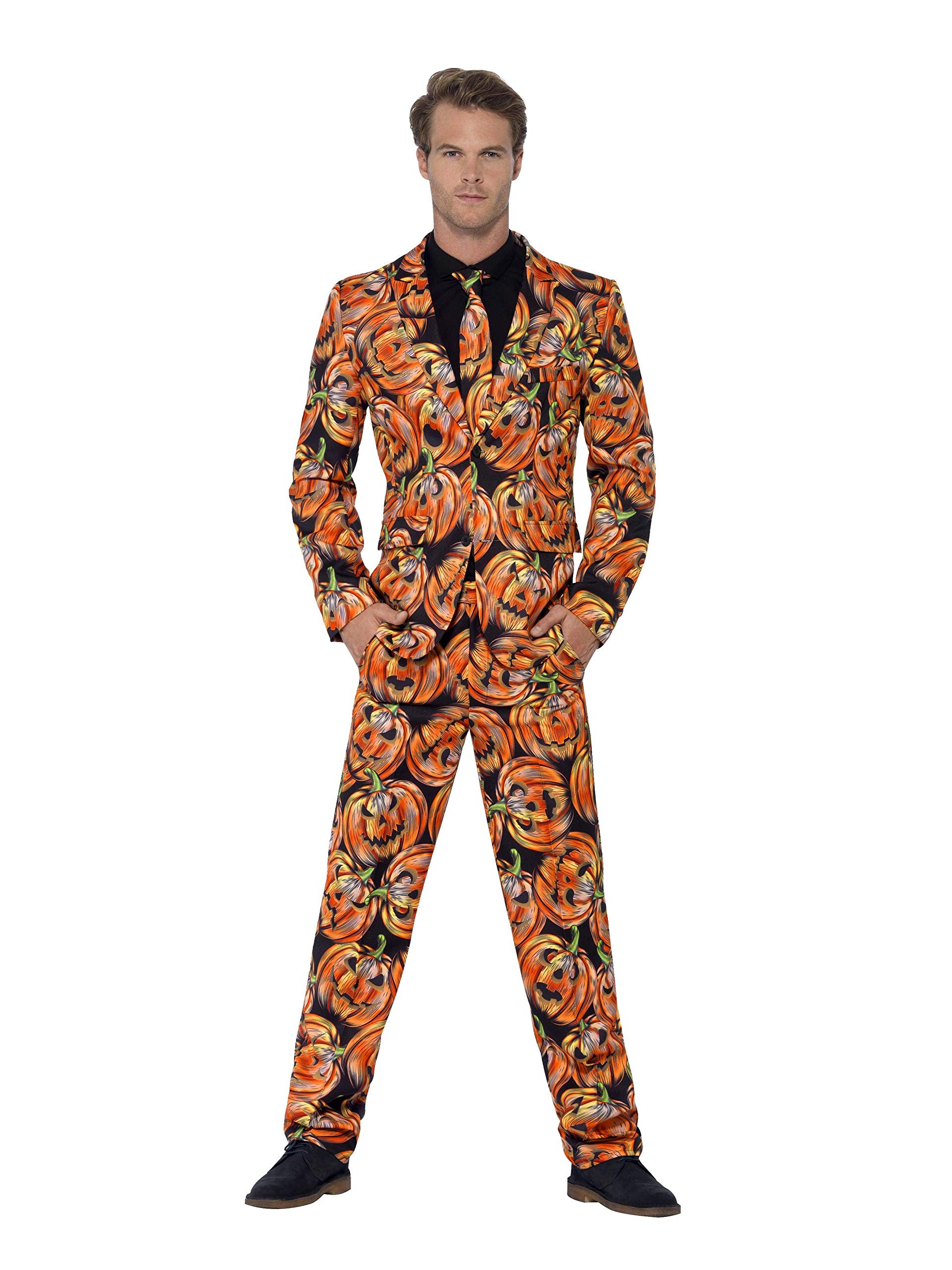 Smiffys Men Pumpkin Suit, Jacket, Pants & Tie, Size: XL, Color: Black And Orange, 44437