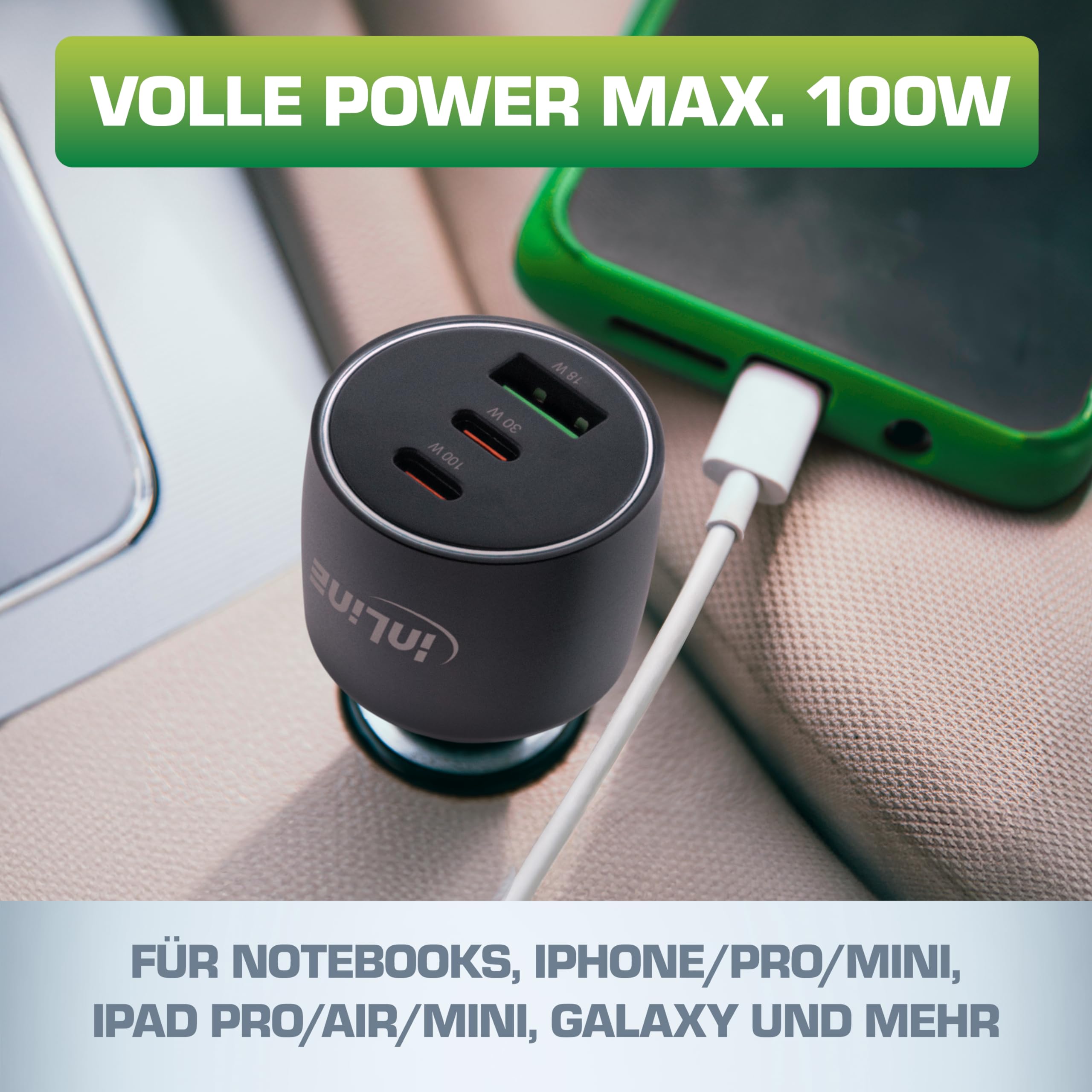 Inline Cargador de Coche USB-C 100 W, 5 A, 2 x USB-C Power Delivery 3.0, 1 x USB-A QC 3.0, con luz LED Blanca, Encendedor de Cigarrillos, para portátiles, iPhone/Pro/Mini, iPad Pro/Air/Mini, Galaxy y