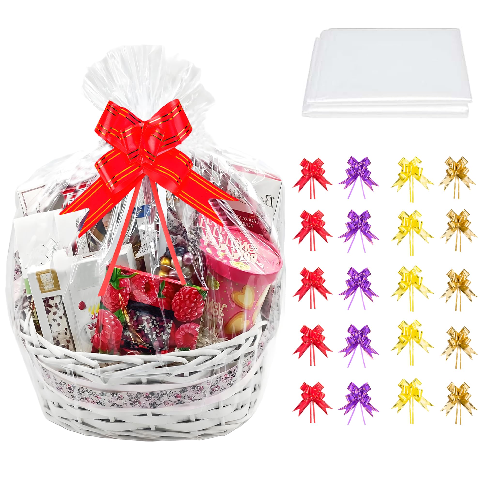 Rayconup Cellophane Wrap for Hampers, Pack Of 20 Cellophane Bags Large (11.8inchX15.8inch/30x40cm) With 20 Pull Bows, Clear Wrapping Paper Christmas, Birthday Gift Bags For Hampers