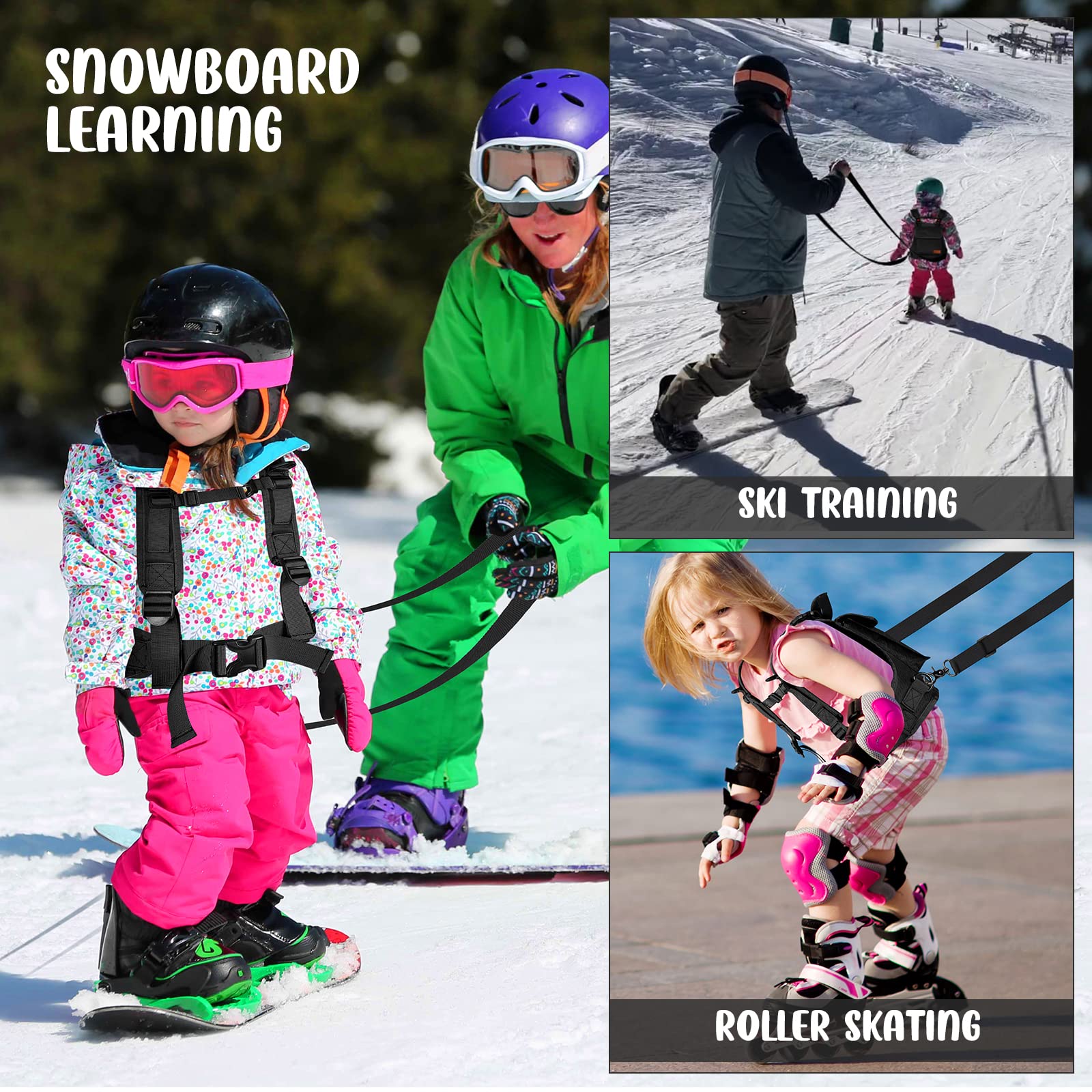 Odoland Arnés de Entrenamiento de Esquí y Snowboard para Niños, con Mochila, Cinturón de Seguridad Ajustable y Asa de Elevación Fácil, Niños Principiantes, Negro