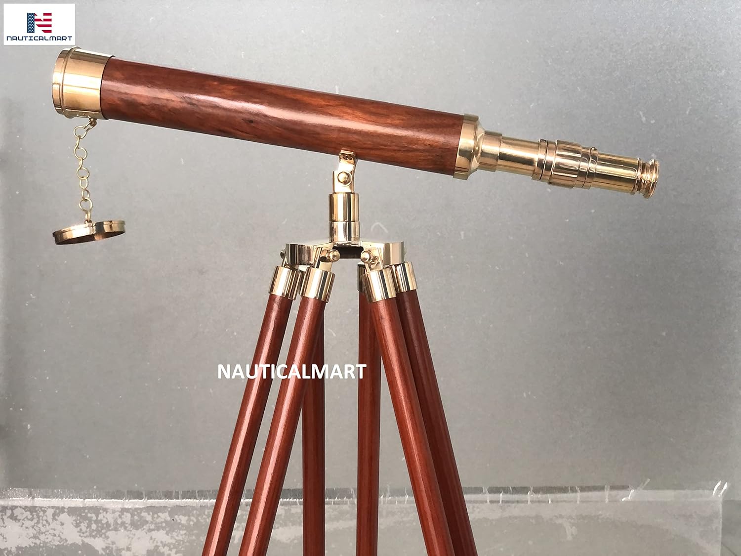 Nauticalmart Floor Standing Brass/Wood Harbor Master Telescope 50"
