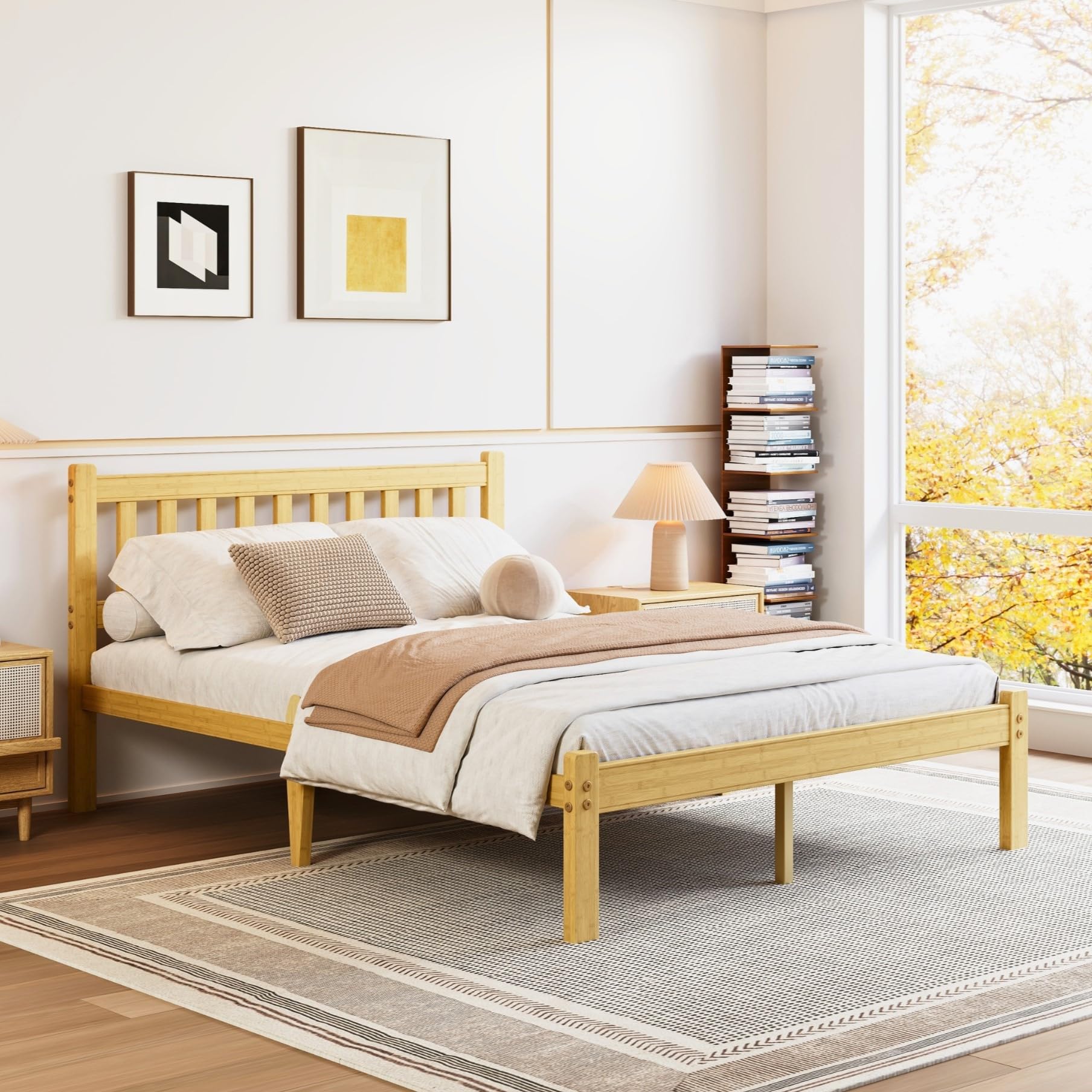 Hunlostten King Bed Frame Wooden with Headboard - Bamboo Wood Bed Frames with Metal Slats Support and Underbed Storage Bedroom Furniture, Easy Assembly, Noise Free, Solid, 35.5 cm High