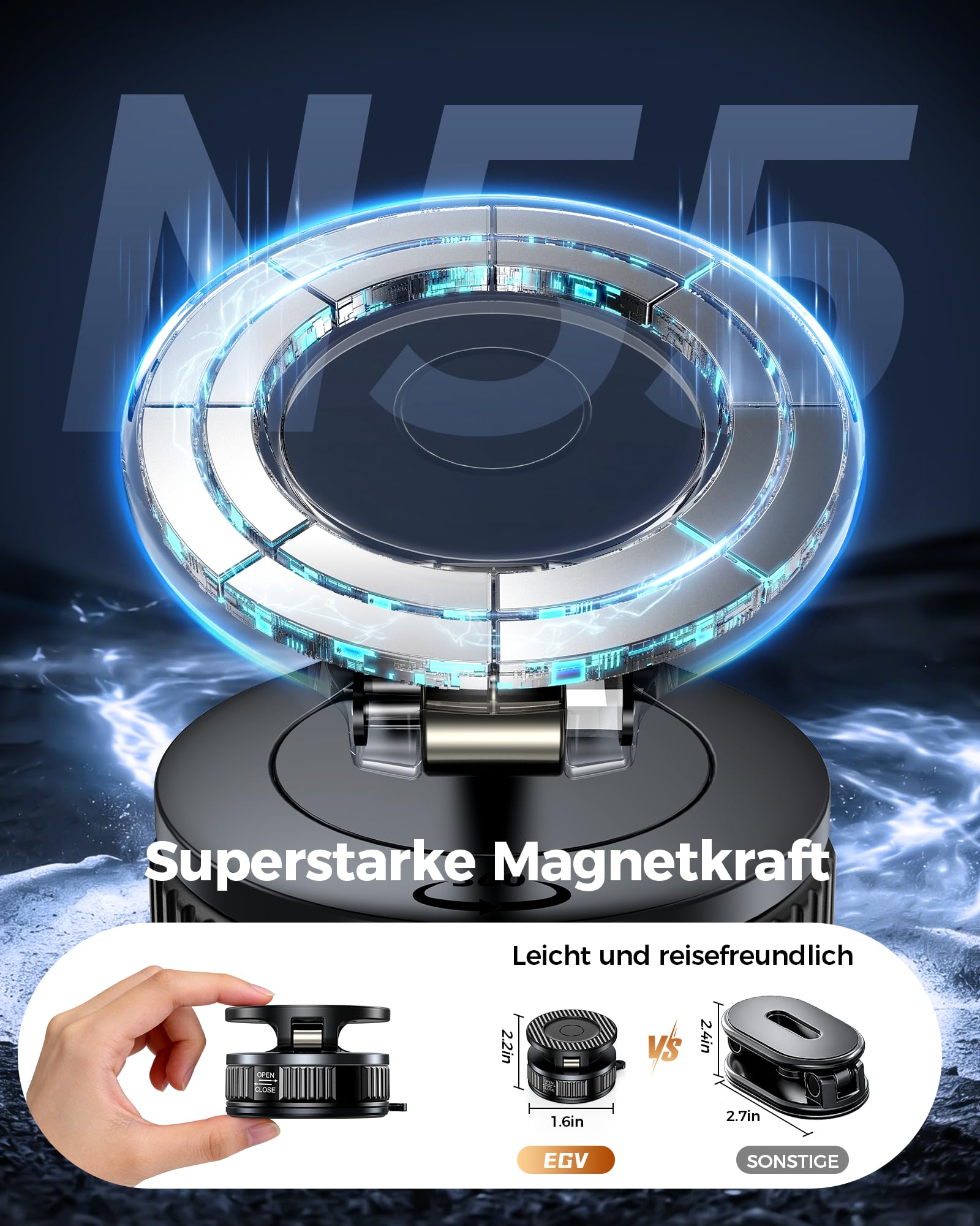 EGV Handyhalterung Auto Magnet – Upgraded Vakuum Saugnapf KFZ Magnethalterung, 360°Drehbar, Kompatibel mit MagSafe-Geräten, Autohalterung für iPhone & Alle Smartphones, Schwarz - 4