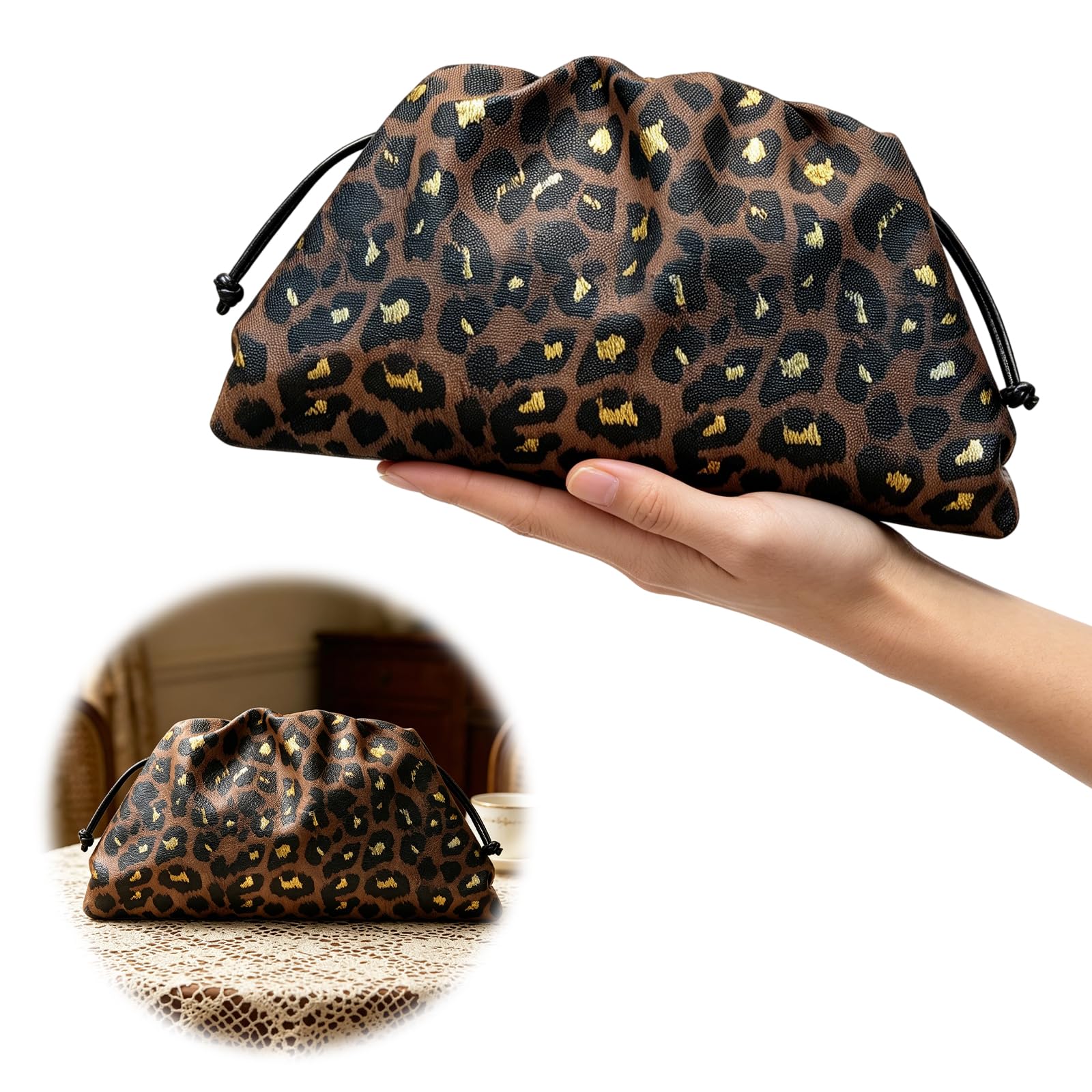 Damska torba do makijażu o dużej pojemności z plisowanym wężem lub lampartem, torba na pieróg, lekka, elegancka, podróżna, wieczorowa, Brązowy M 2 szt, 480.00x260.00x220.00mm