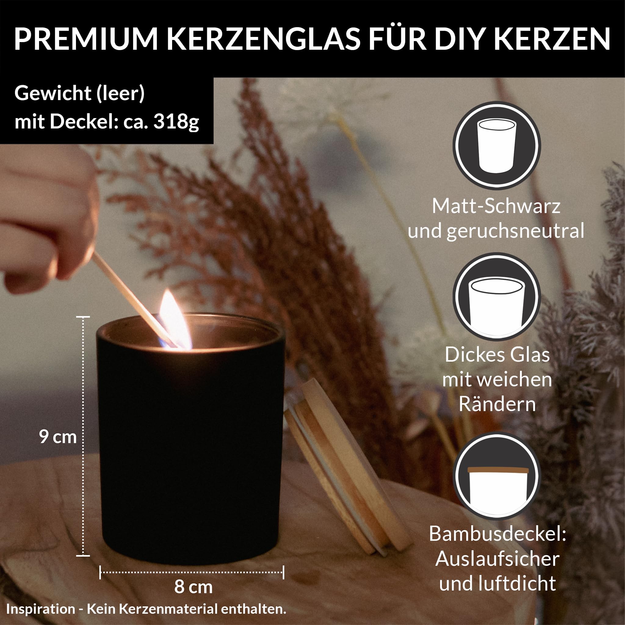 22Feels 20x (295ml) EU-REACH-GEPRÜFT Premium Kerzengläser Matt-Schwarz Hitzebeständig Luftdicht mit Bambus-Deckel, DIY Kerzen Selber Machen Gießen Zubehör, Geschenkidee, Gewürz Glas, Wiederverwendbar