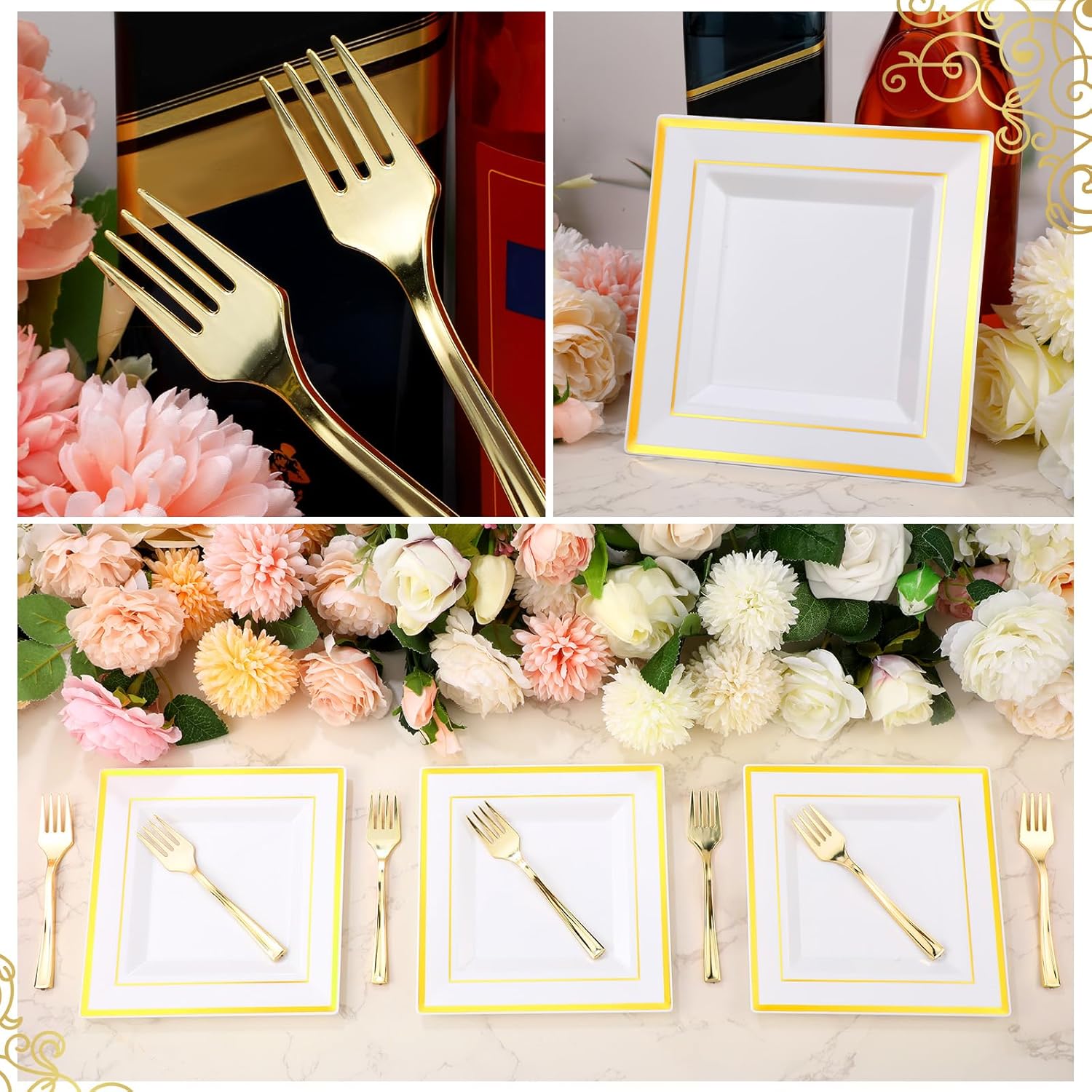 300 Pcs Square Plastic Plates with Forks Set Include 150 Disposable 6.5 Inch Dessert Plates Heavy Duty and 150 Plastic Appetizer Forks for 150 Guests Weddings Party Supplies(Gold) - Image 4