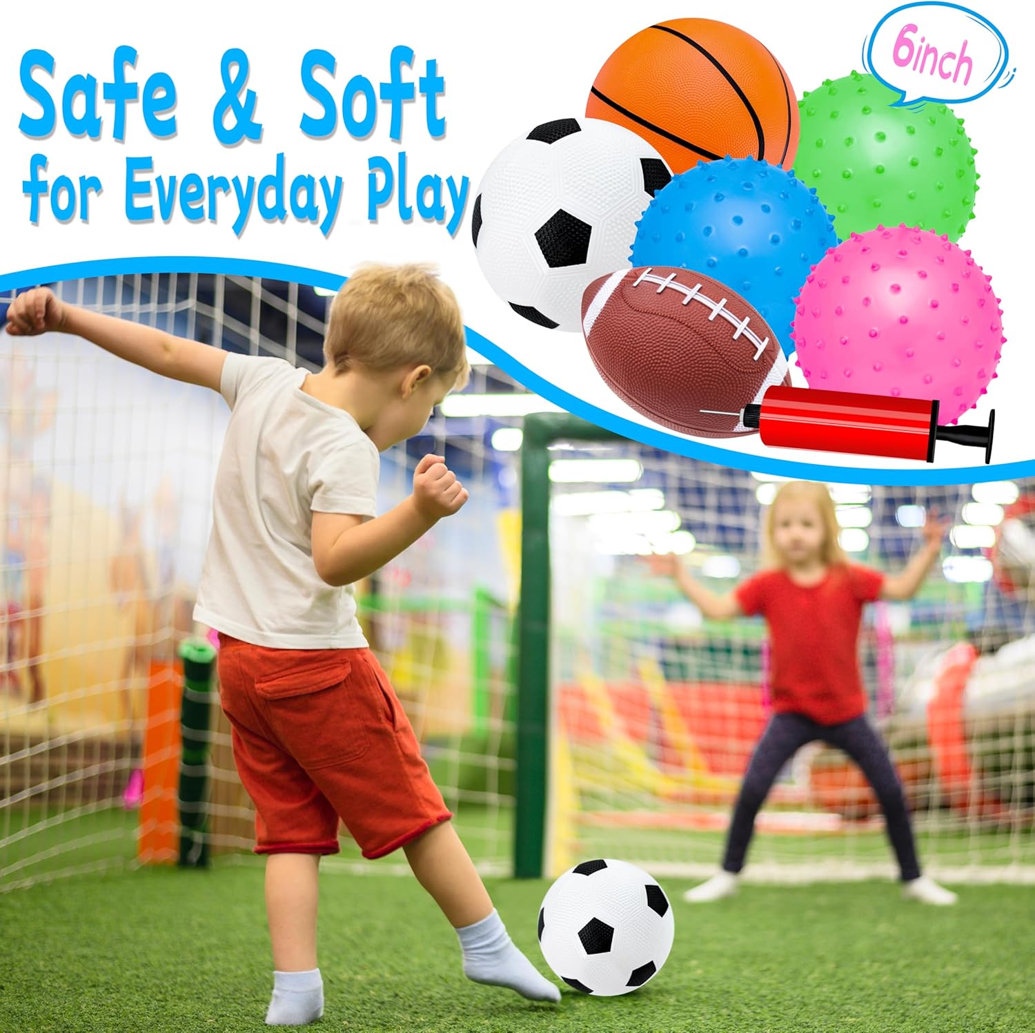 Kids Ball, Balls for Toddlers 1-3, Set of 6 Toddler Ball, Outdoor Toy for Kids, Soft Balls for Kid, Baby Sports Beach Toys, Green&Safe Soccer Basketball Baseball Rugby with Free Bump