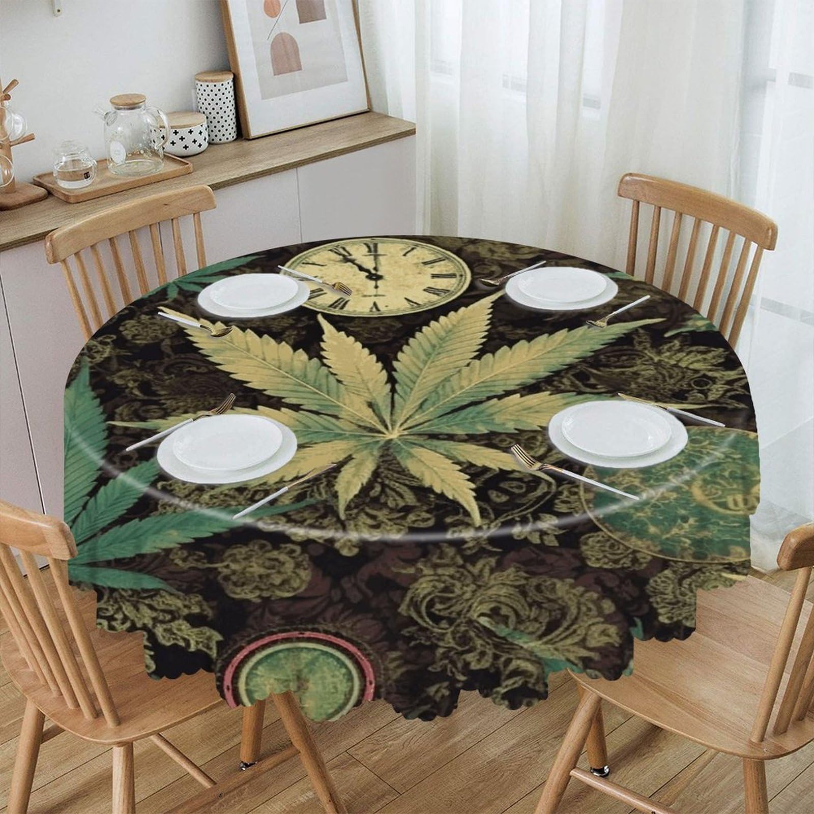 VstaDank 60 Inch Round A Puff in Time Weed Marijuana Tablecloth Polyester Waterproof Wrinkle Free Table Cloth Spillproof Washable Table Cover Colorful Tablecover Decor for Home Kitchen Dining Party