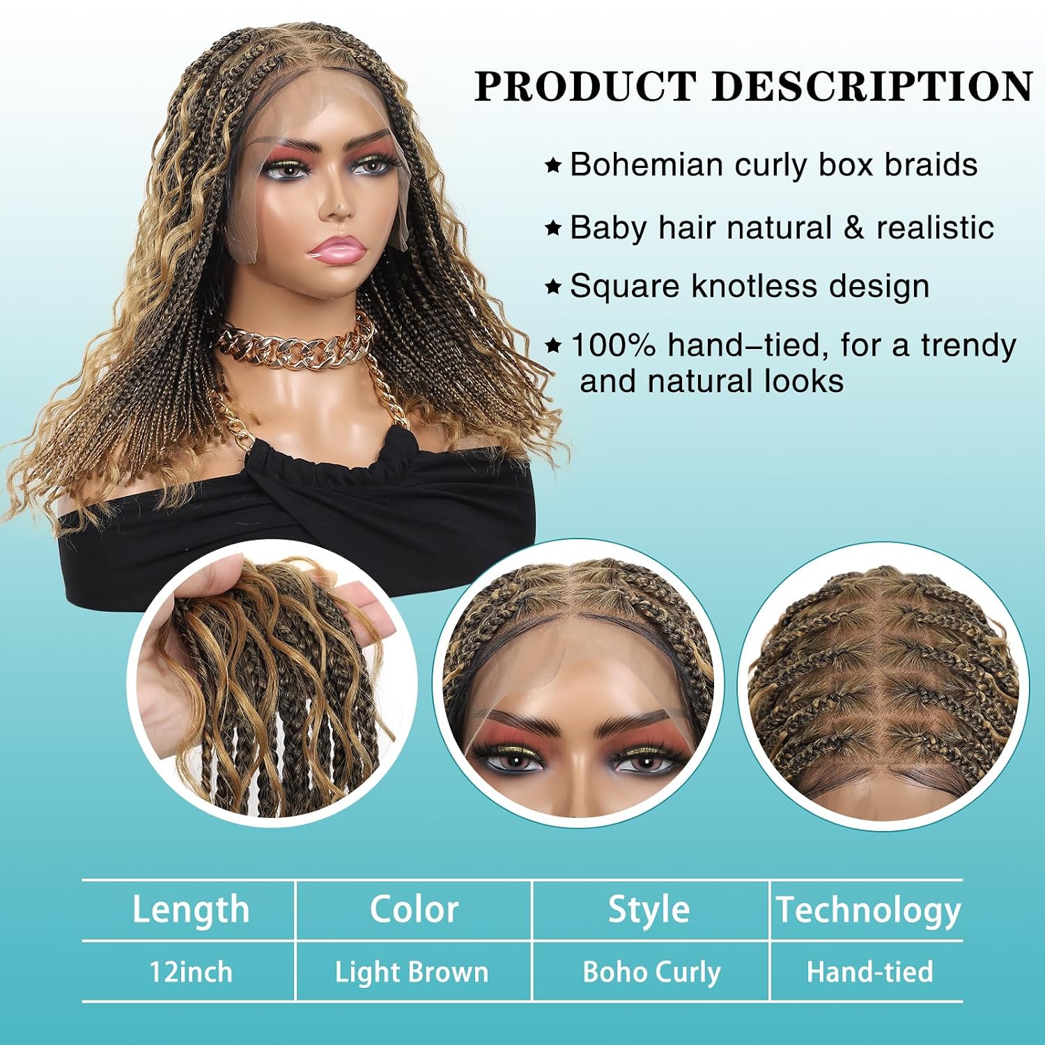 Kalyss 12inch 13x8 HD Lace Front Short Boho Braided Wigs for Women Full Lace Knotless Braided Wig with Bohemian Curly Box Braid Wig with Baby Hair Light Brown Premium Synthetic Braid Wigs