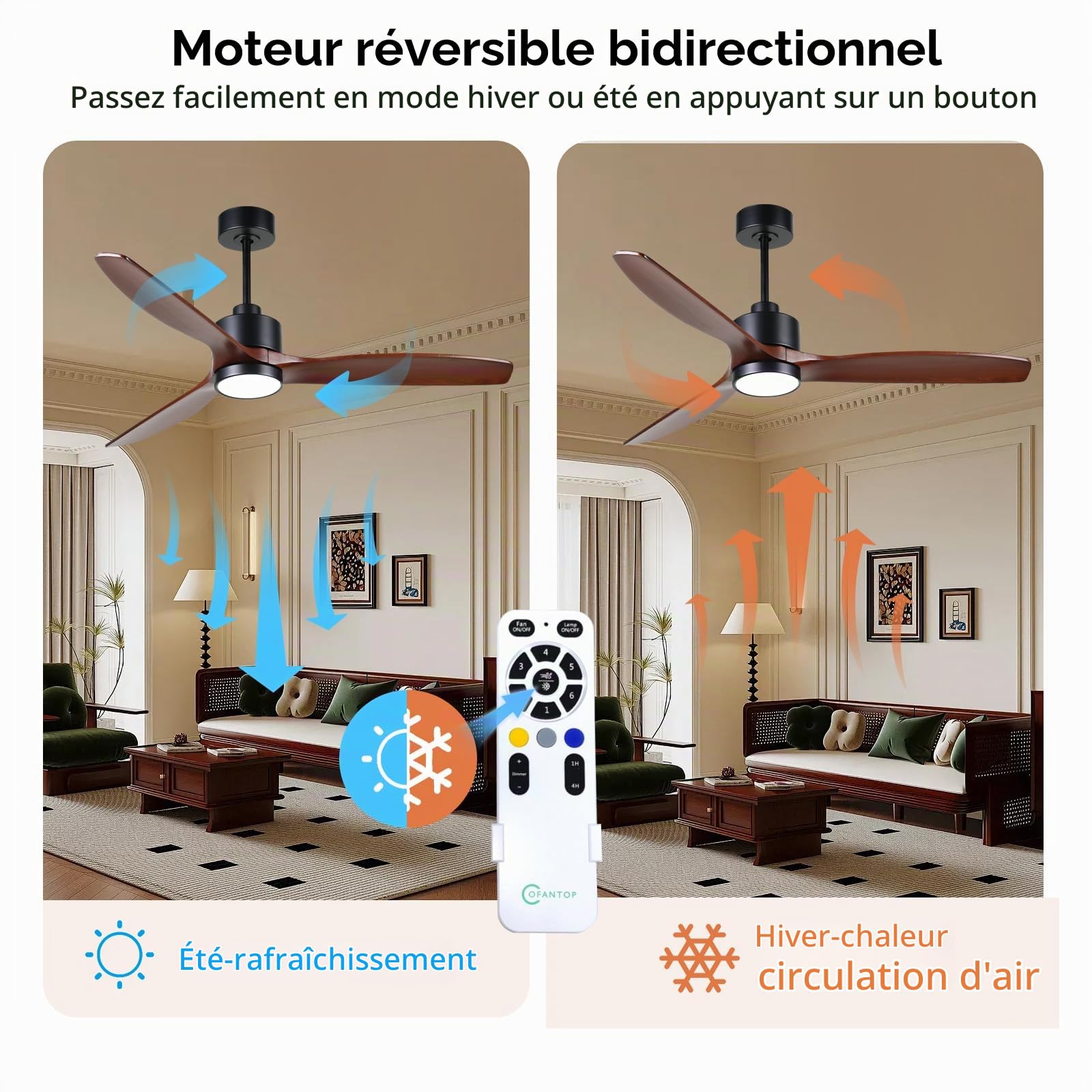 OFANTOP 132CM Ventilateur de plafond en bois avec éclairage et télécommande