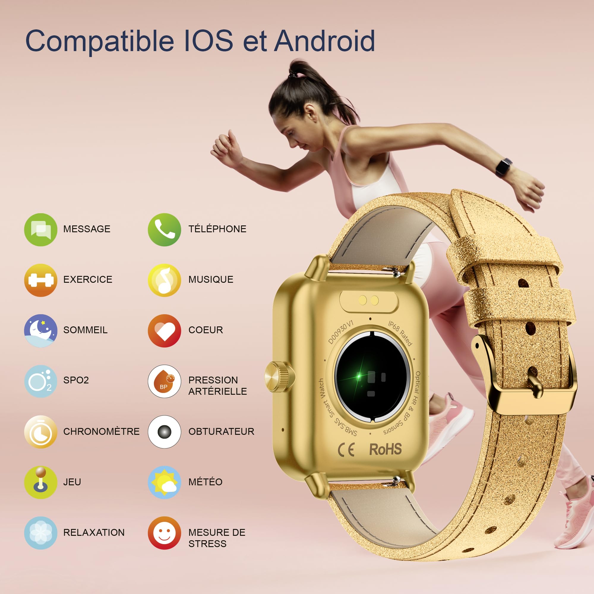 Digitec Montre connectée Square dorée, avec Bracelet Cuir doré pailleté, Femme, Suivi activité et Sommeil