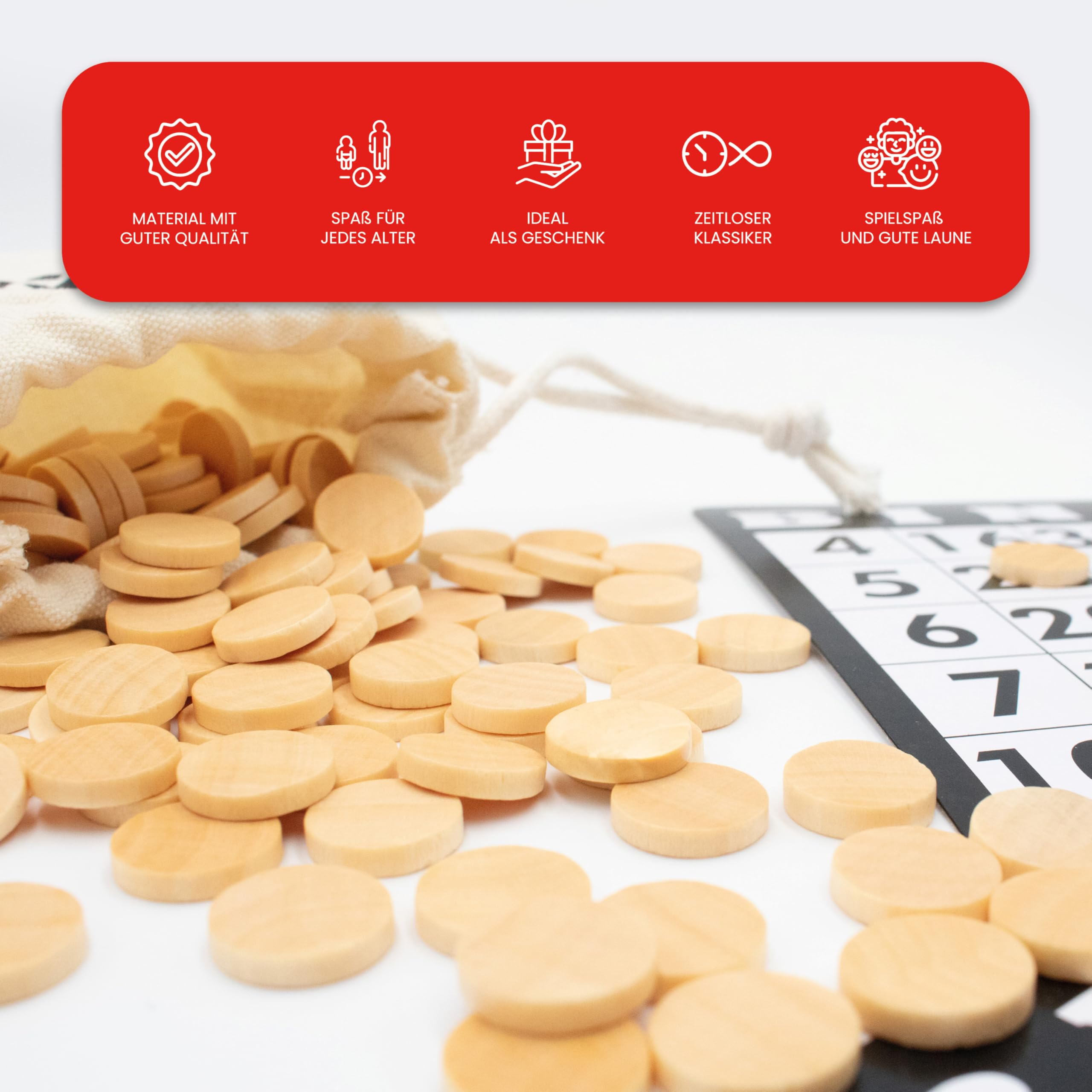 Kyto Bingo Holz Chips - 150 Scheiben aus Holz für Bingospiel-Karten 14/3 mm. Holzsteine, Zählsteine, Marker oder sonstige Spielsteine, mit Stoffbeutel