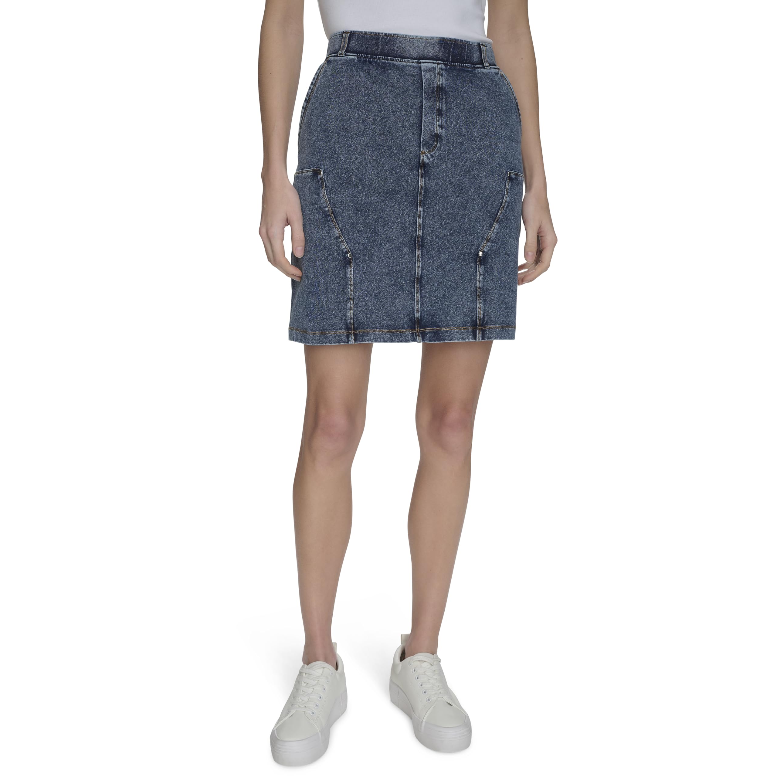 Andrew Marc Womens Woven Faux Denim Pull on Skirt