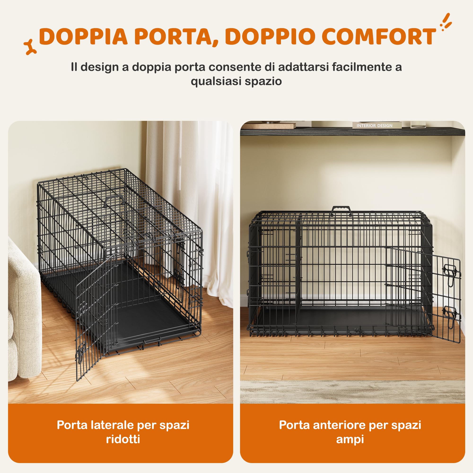 Yaheetech Gabbia per Cani Gatti Kennel in Metallo Cuccioli Pieghevole con Vassoio Rimovibile Doppia Porta e Divisorio Regolabile 107 × 60 × 66 cm Nero
