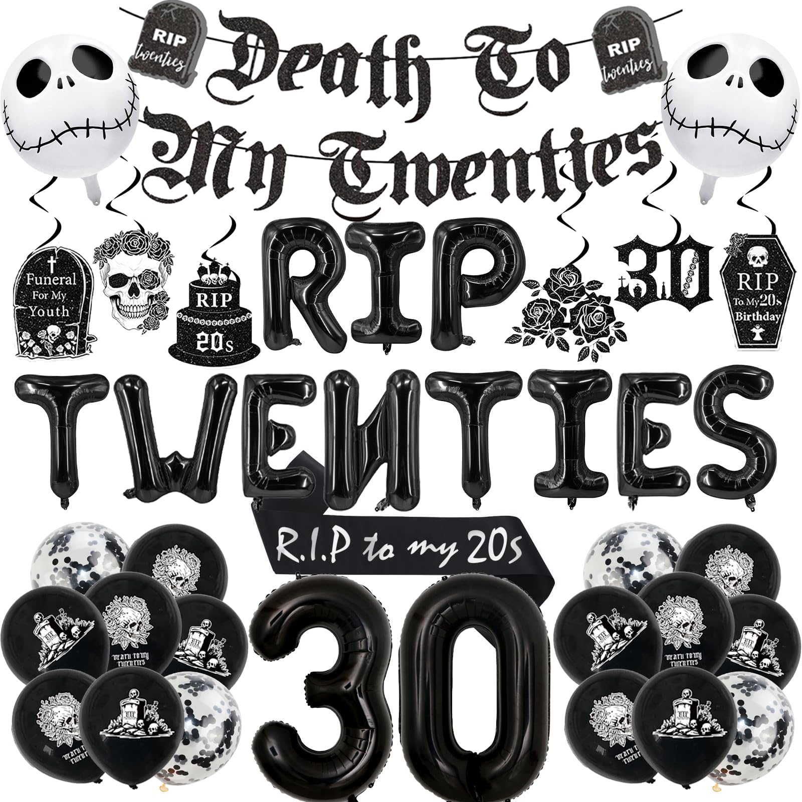 Set Decorazioni Compleanno 30 Anni – Tema Gotico “RIP My 20s” – Striscioni, Palloncini Numeri E Lettere, Fascia