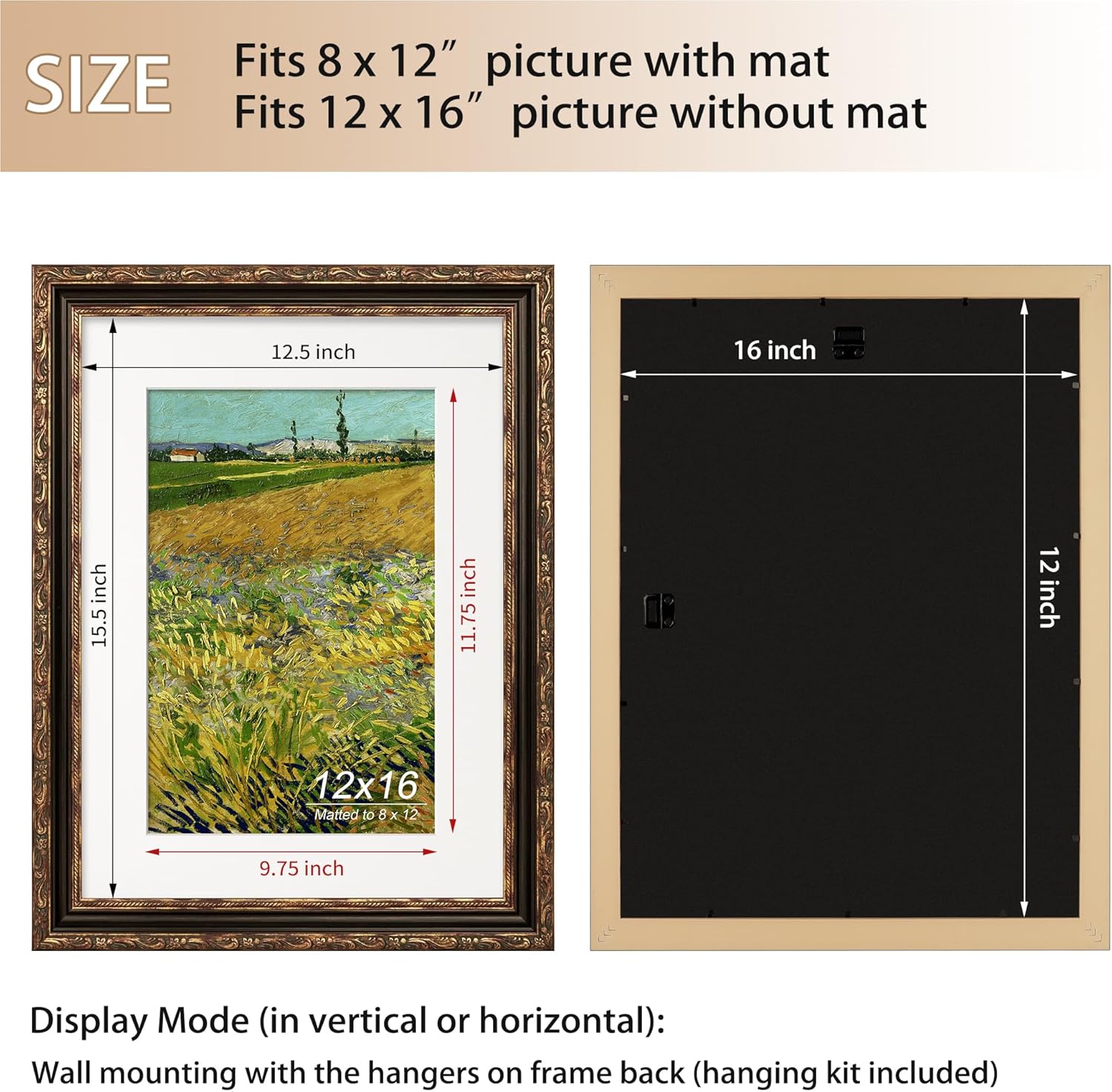 12x16 Picture Frame, Ornate Embossing Frame with Paper Mat and Plexiglass, Fit for 12x16 without Mat or 8x12 with Mat, Wall Mounting Display for Art Prints, Bronze and Antique Gold, 1 Pack