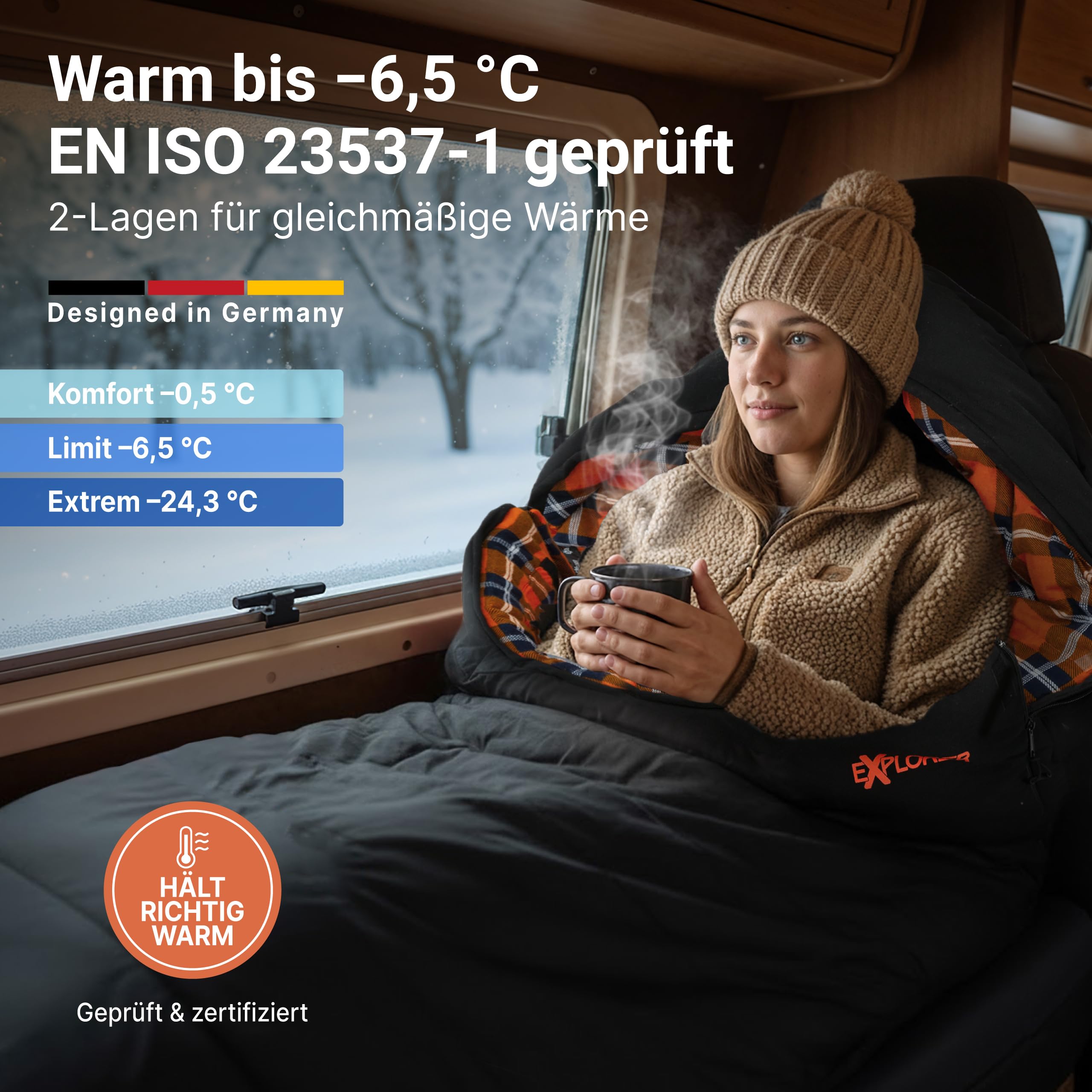 EXPLORER Arctic XXL Deckenschlafsack Winter -24°C Extrem – Camping Schlafsack aus 100% Baumwolle & Flanell – Koppelbar & Wasserabweisend – 90/110/140 cm