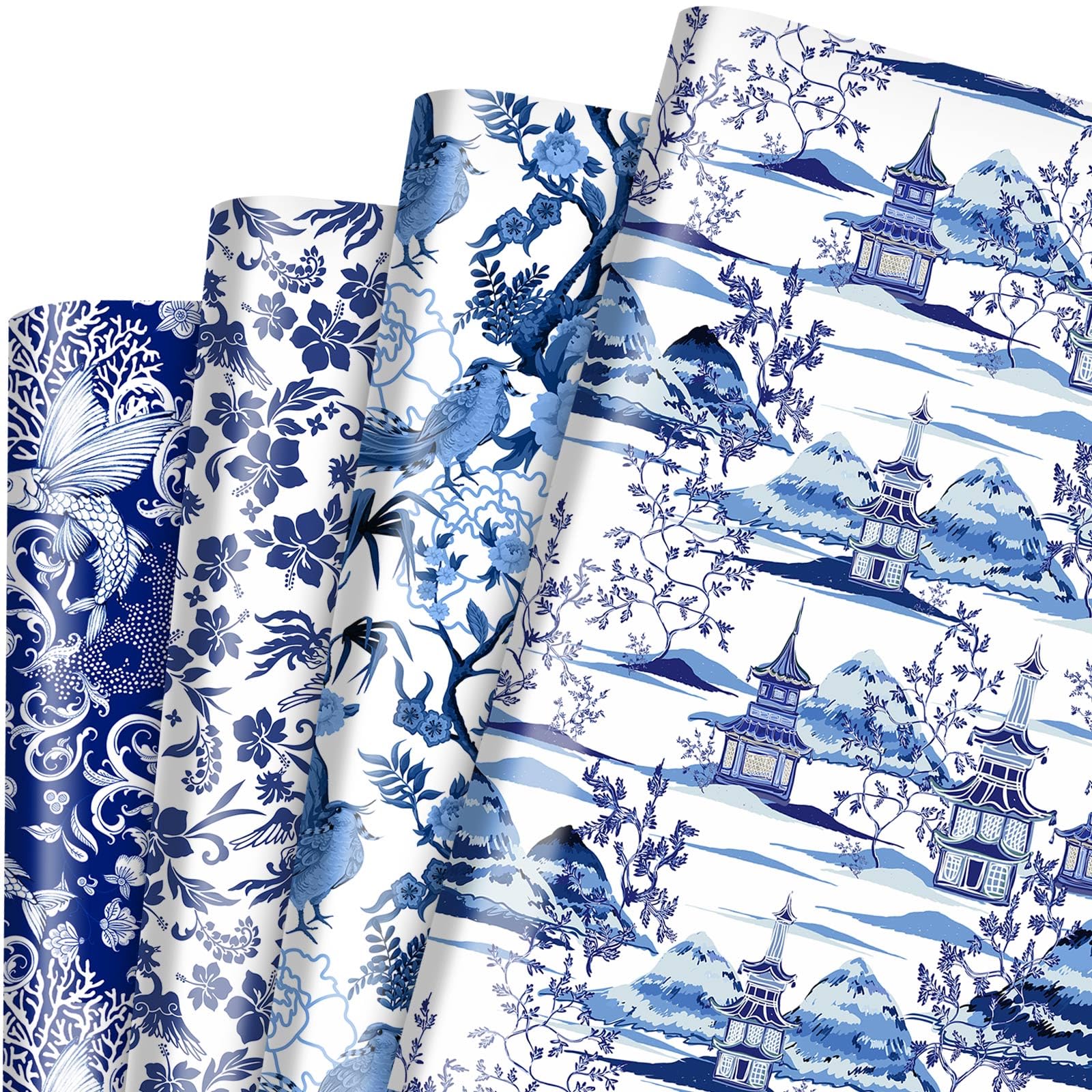 Bolsome 12 Sheets Blue White Chinoiserie Wrapping Paper Blue White Vintage Peony Floral Bird Fish Patterned Gift Wrap Paper for Wedding Bridal Shower Birthday DIY Craft