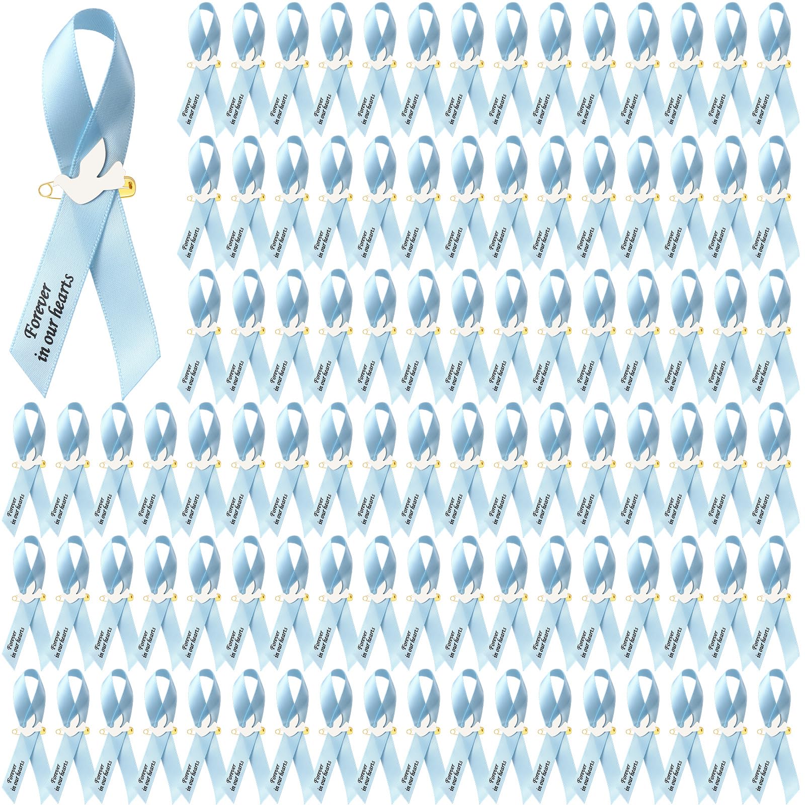 100 Pcs Light Blue Funeral Ribbon Pins, Memorial Ribbons for Funeral, Dove