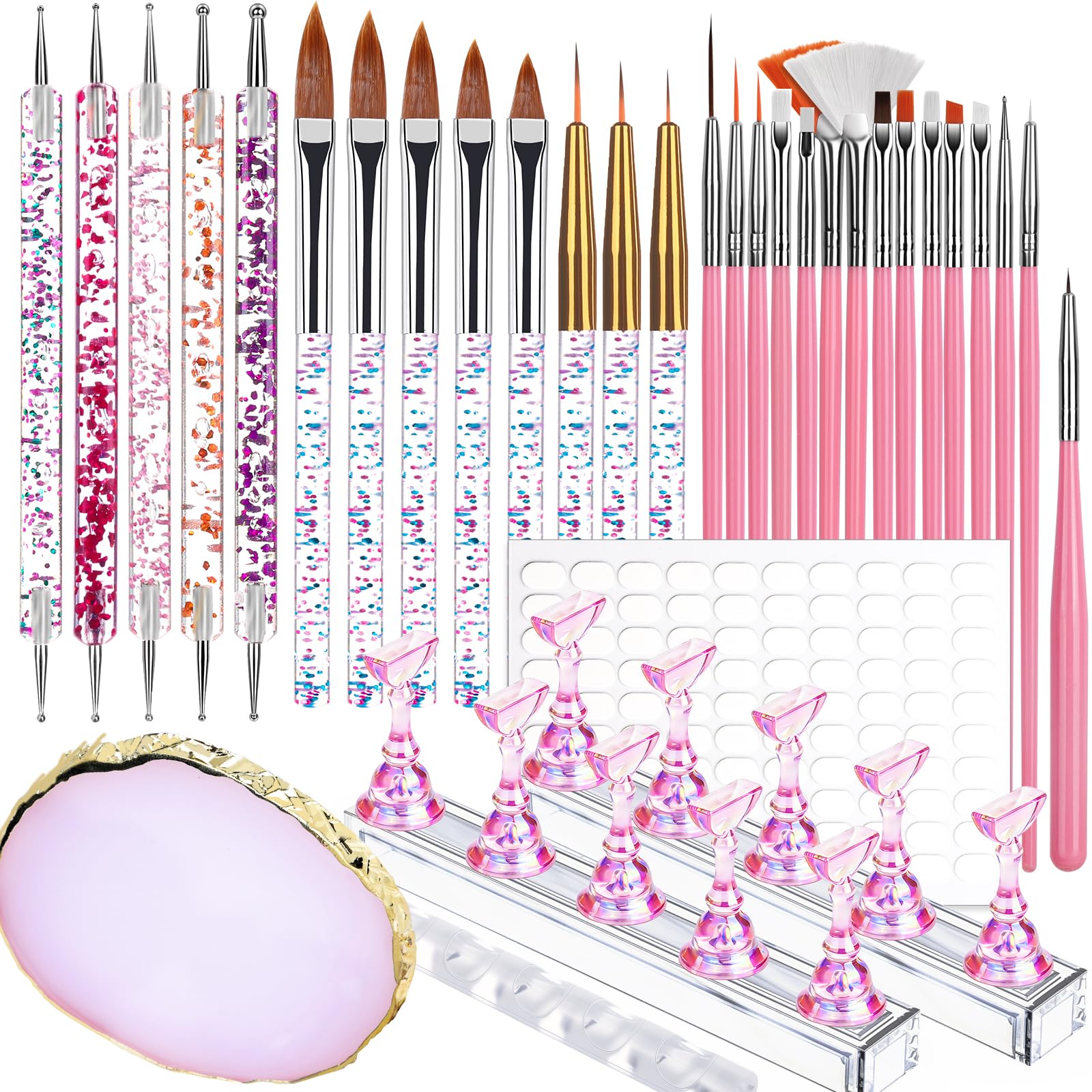 Teenitor Nail Art Tools Set, 23 Pcs Nail Art Brushes, 5 Pcs Nail Dotting Tool, 2 Set of Nail Stand, 100 Pcs Double-Sided Adhesive Tabs, Nail Art Palette, Brushes Holder, Pink