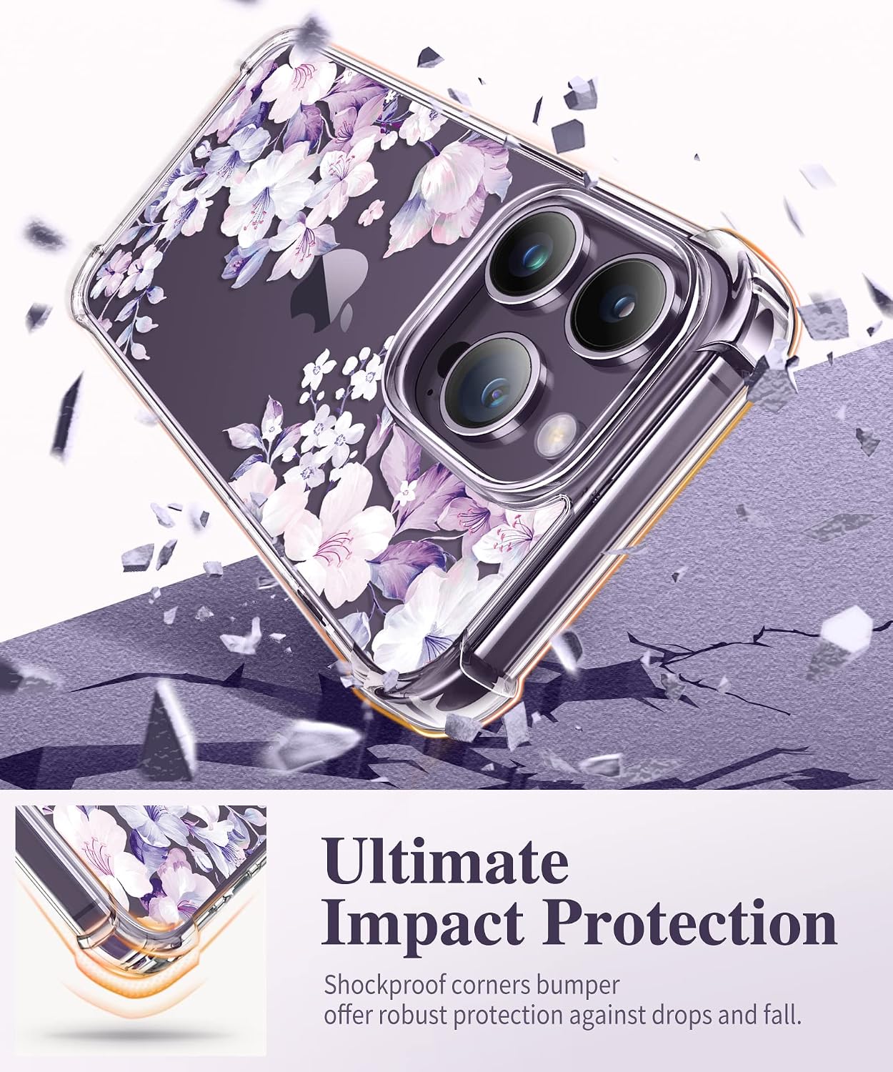 GVIEWIN for iPhone 14 Pro Case with Screen Protector & Camera Lens Protector, Floral Slim Shockproof Protective Hard PC+TPU Bumper Flower Women Cover, 6.1" 2022(Foliolosa/Purple)
