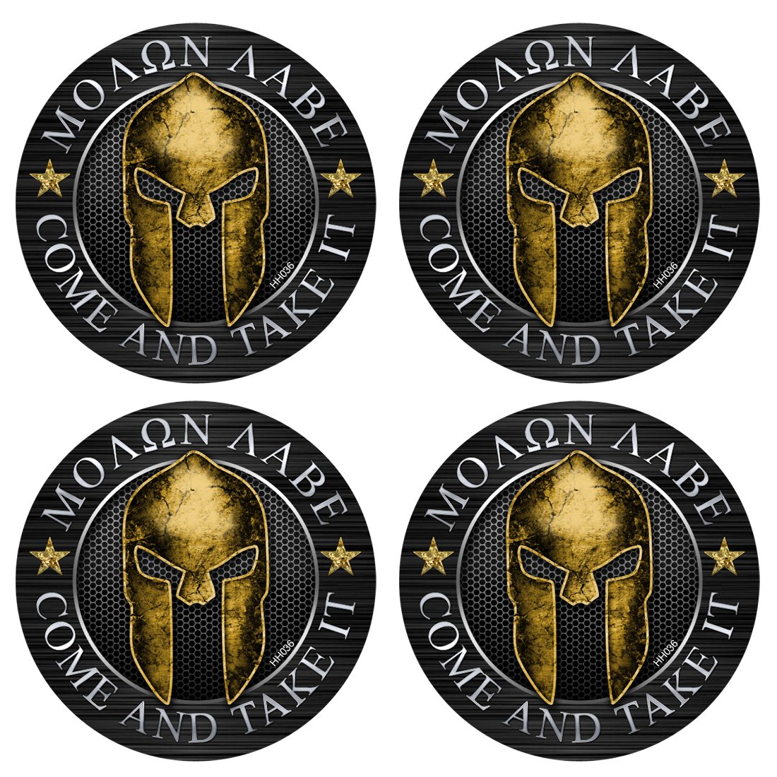 Molon Labe Come and Take It Stickers Hard Hat Decal (4 Pack - 2") Circle Sticker Waterproof Vinyl Decals for Tool Box Sticker, Helmet Sticker, Molon Labe Indoor Outdoor Vinyl Stickers #HH036