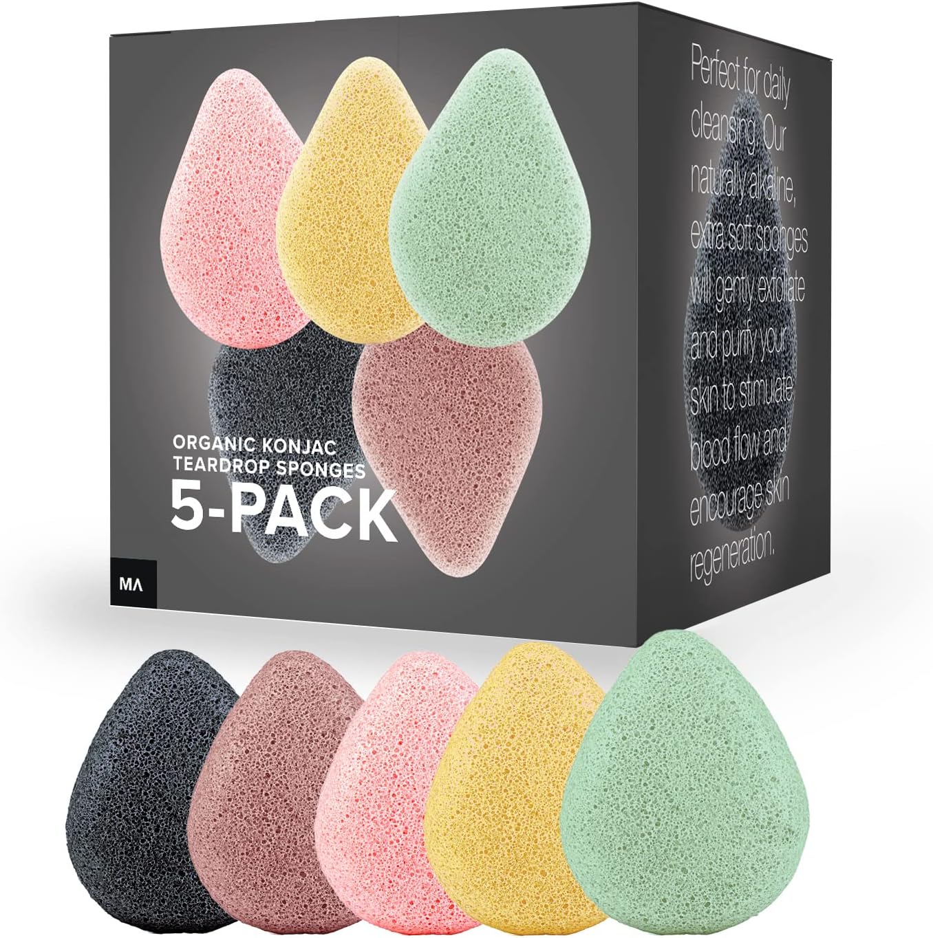 Minamul Konjac Exfoliating Organic Facial Sponge Set Gentle daily face scrub/skincare Safe for Oily, Dry, Combination or Sensitive skin Charcoal, Turmeric, French Green, Red & Pink Clay