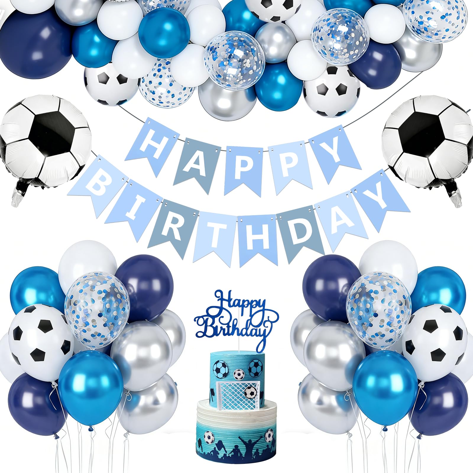 Morofme Football Birthday Decorations 44Pcs, Blue Football Balloons, Happy Birthday Cake Topper, Happy Birthday Banner, Latex balloons, Soccer Theme Foil Balloons for Sports Party Decorations